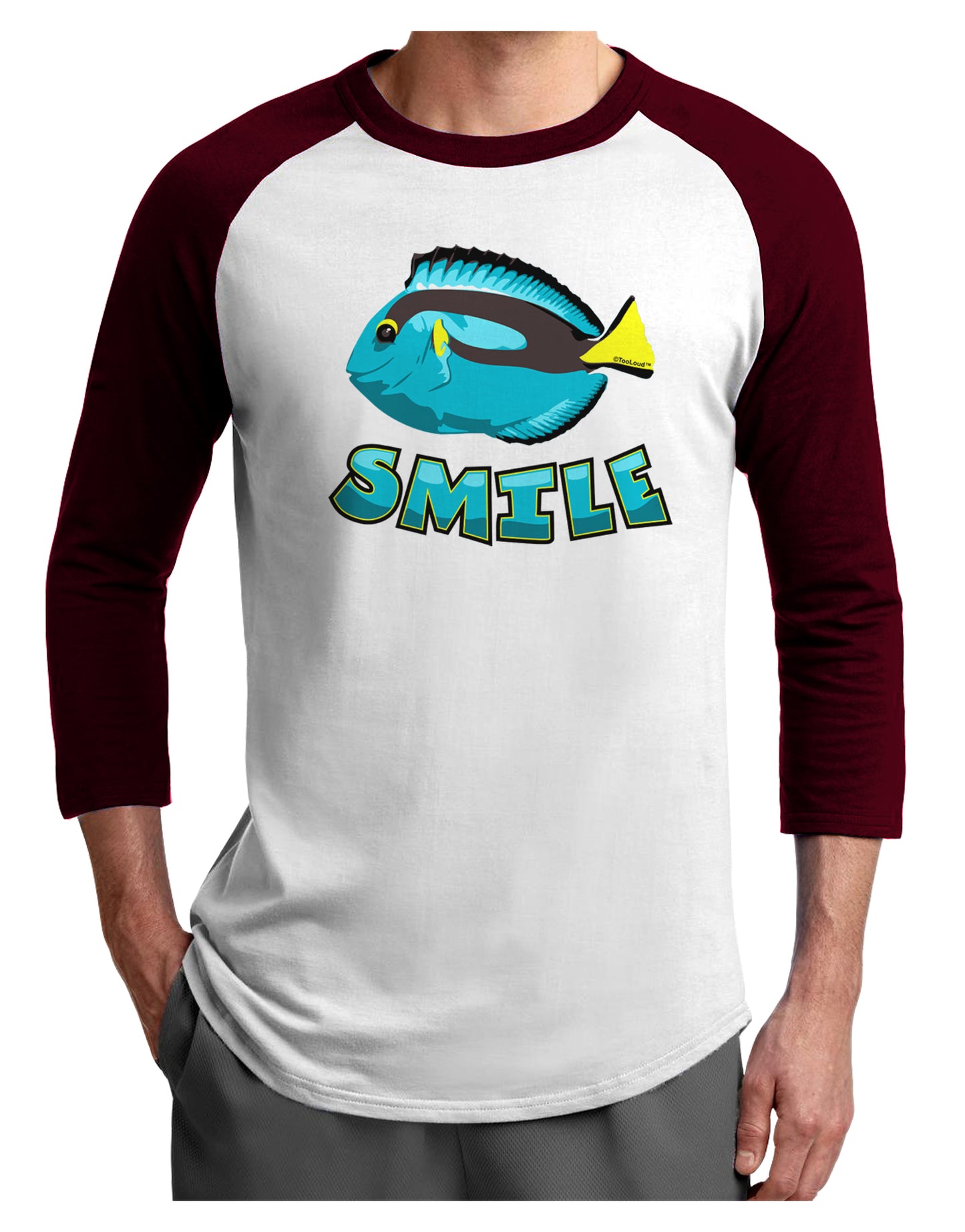 Blue Tang Fish - Smile Adult Raglan Shirt-Raglan Shirt-TooLoud-White-Cardinal-X-Small-Davson Sales