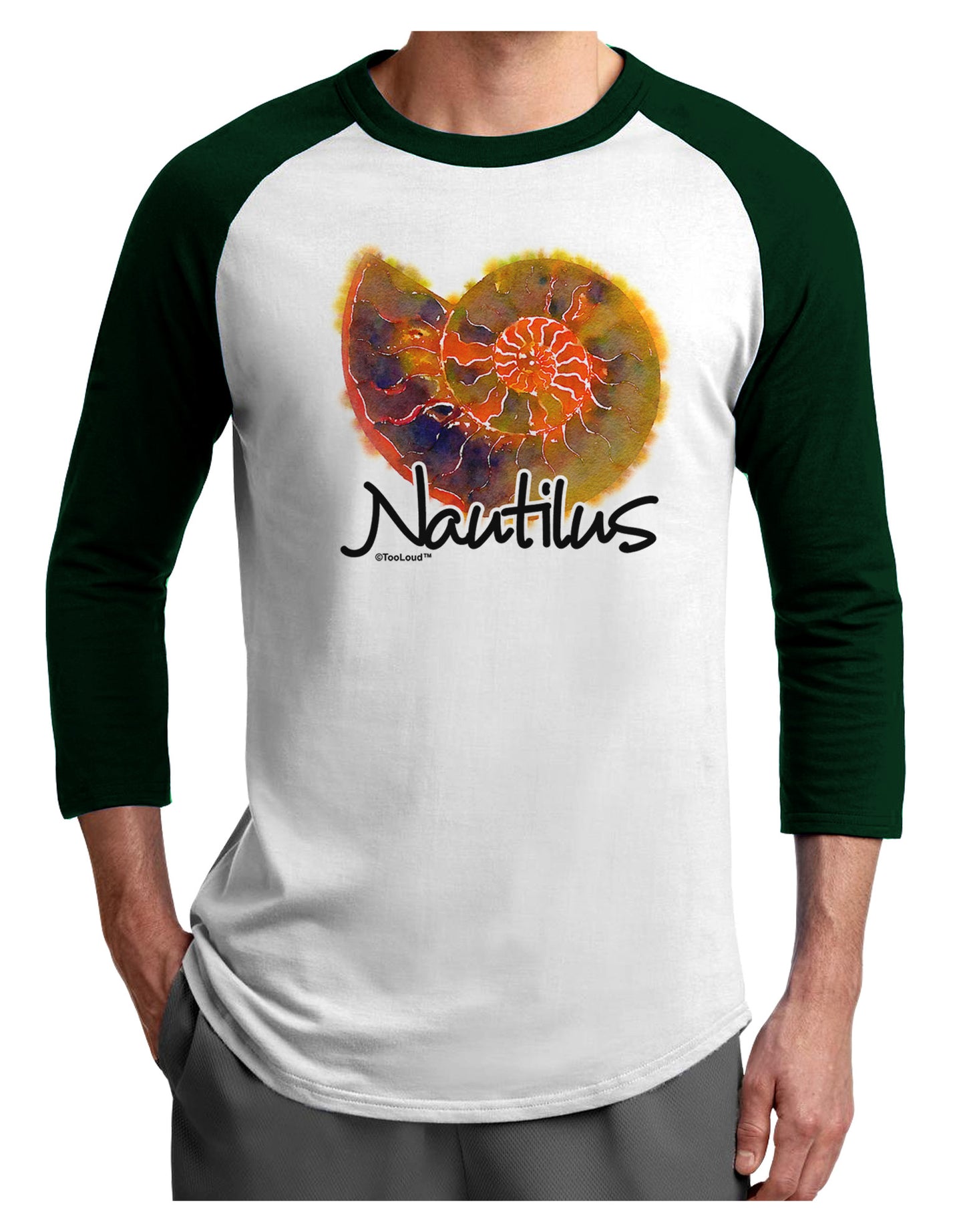 Nautilus Fossil Watercolor Text Adult Raglan Shirt-TooLoud-White-Forest-X-Small-Davson Sales