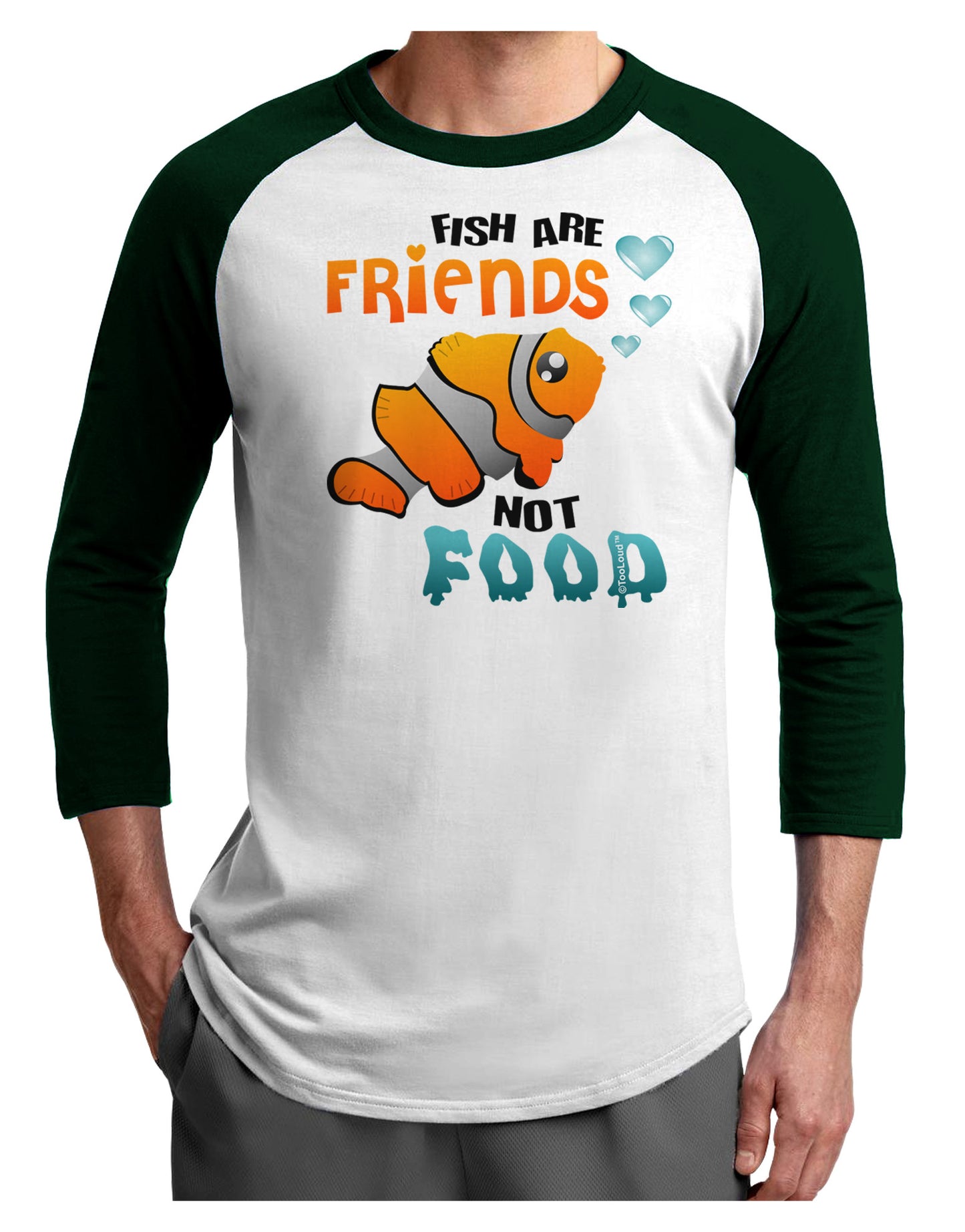 Fish Are Friends Not Food Adult Raglan Shirt-Raglan Shirt-TooLoud-White-Forest-X-Small-Davson Sales