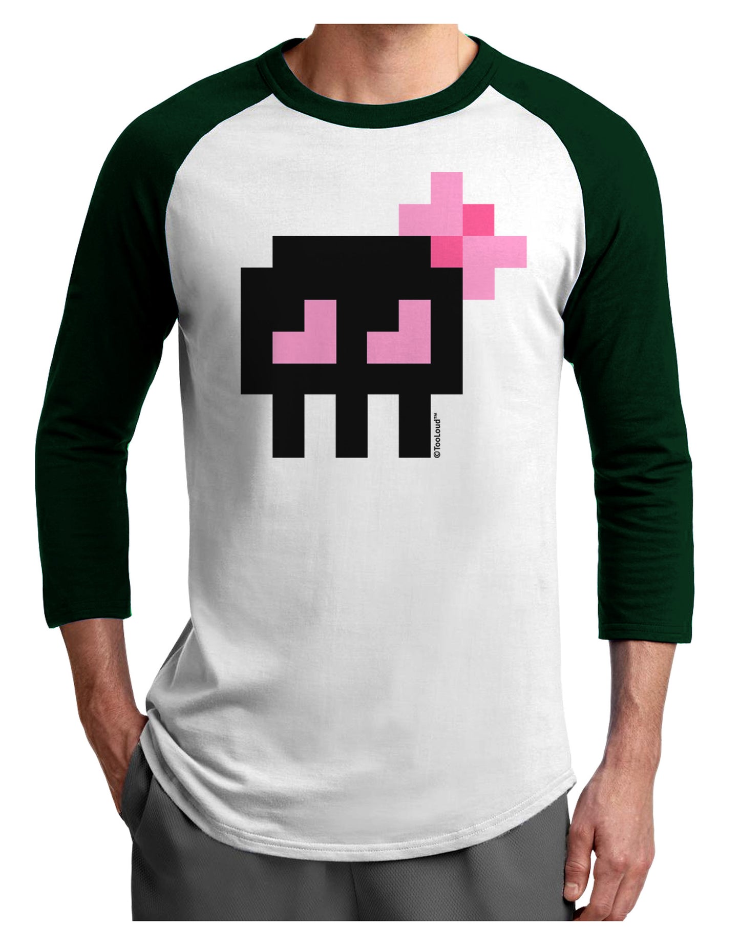 Retro 8-Bit Skull with Pink Bow Adult Raglan Shirt-TooLoud-White-Forest-X-Small-Davson Sales