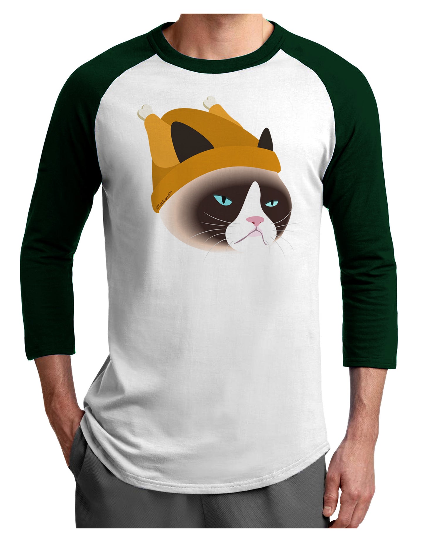 Disgruntled Cat Wearing Turkey Hat Adult Raglan Shirt by-Raglan Shirt-TooLoud-White-Forest-X-Small-Davson Sales
