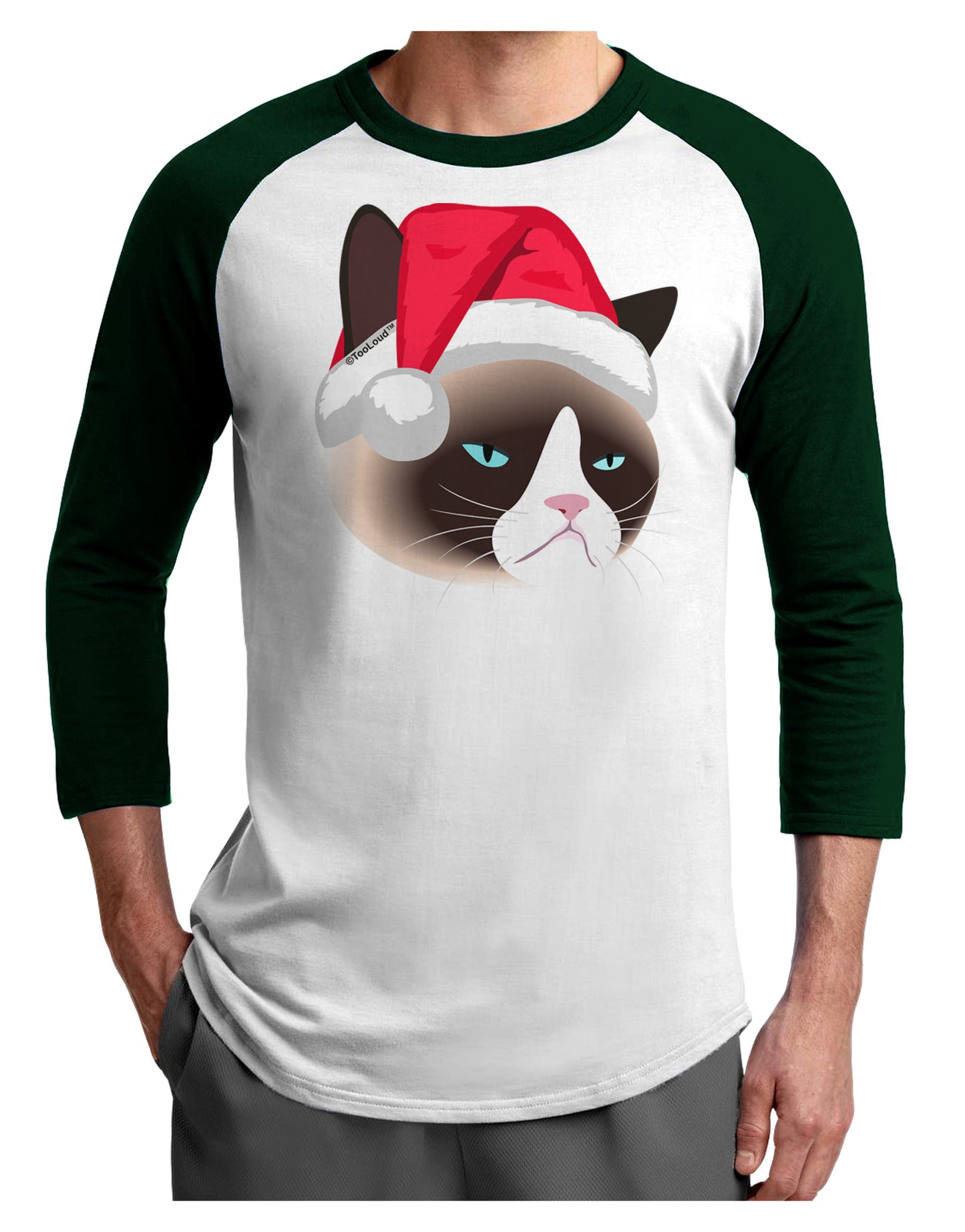 Santa Hat Disgruntled Siamese Cat Adult Raglan Shirt by-Raglan Shirt-TooLoud-White-Forest-X-Small-Davson Sales