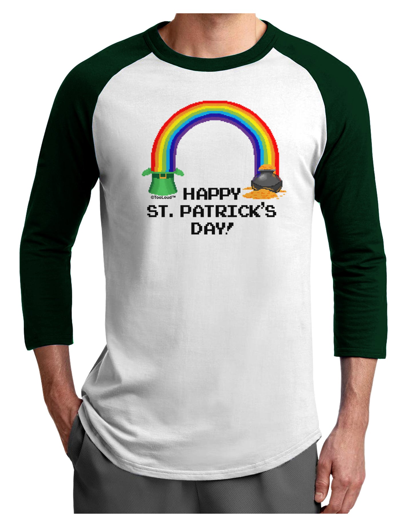 Pixel Pot of Gold St Patrick Text Adult Raglan Shirt-TooLoud-White-Forest-X-Small-Davson Sales