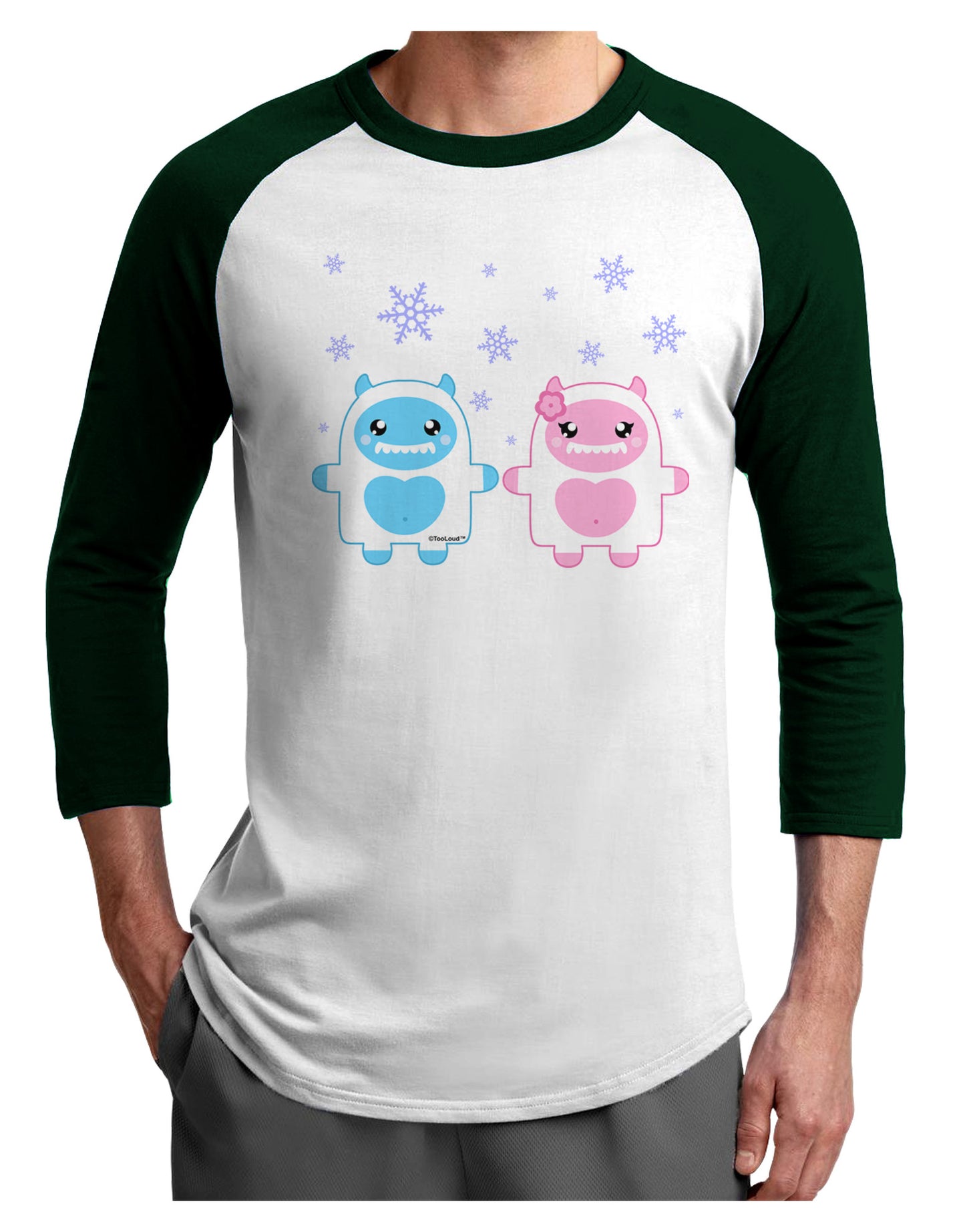 Cute Abominable Snowman Yeti Couple - Christmas Adult Raglan Shirt-TooLoud-White-Forest-X-Small-Davson Sales