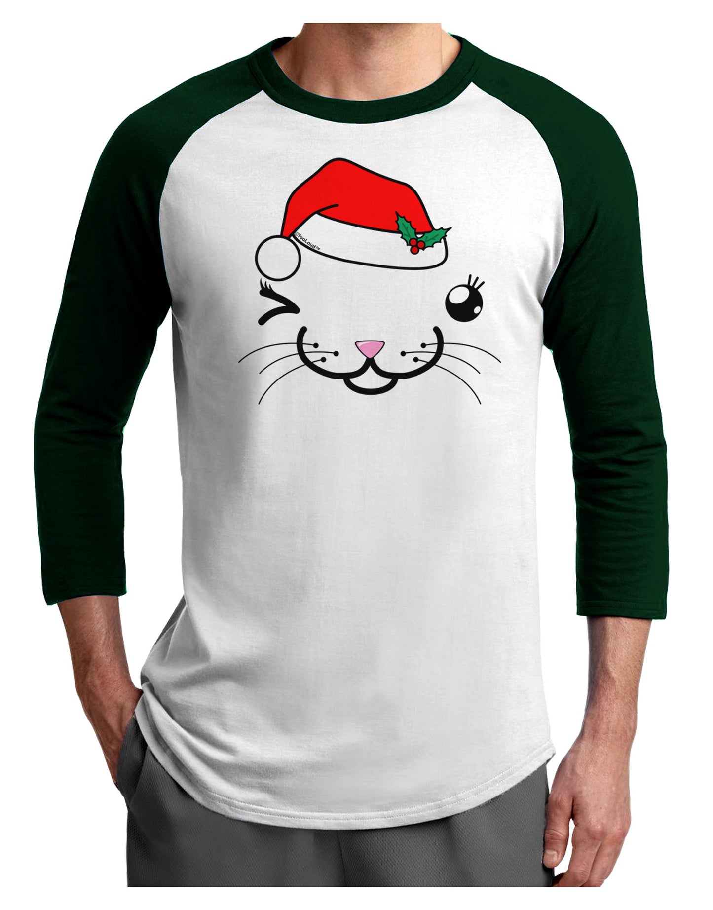 Kyu-T Face Kattia Santa Hat Girl Cat Adult Raglan Shirt-TooLoud-White-Forest-X-Small-Davson Sales