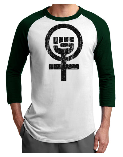 Distressed Feminism Symbol Adult Raglan Shirt-TooLoud-White-Forest-X-Small-Davson Sales