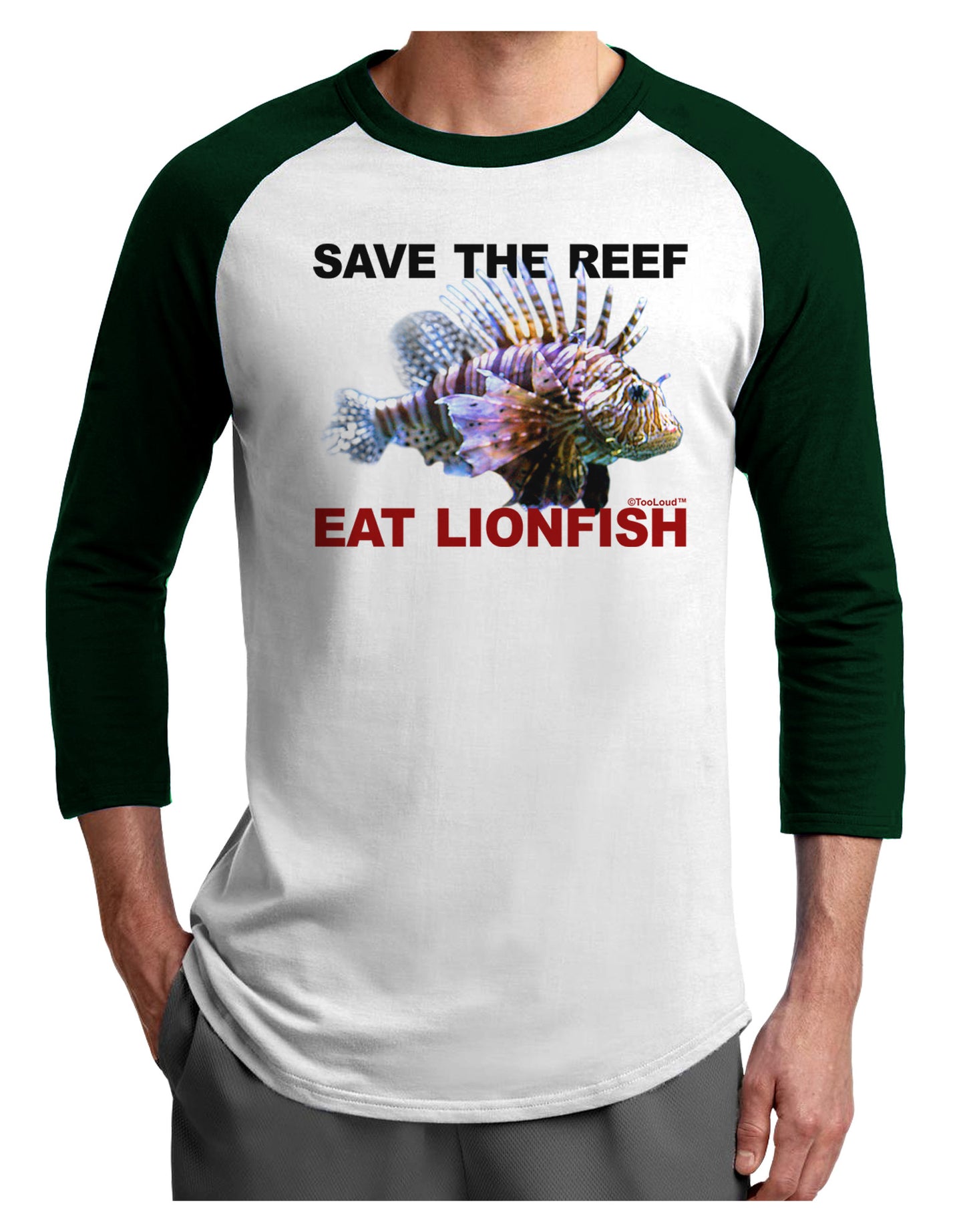 Save the Reef - Eat Lionfish Adult Raglan Shirt-Raglan Shirt-TooLoud-White-Forest-X-Small-Davson Sales