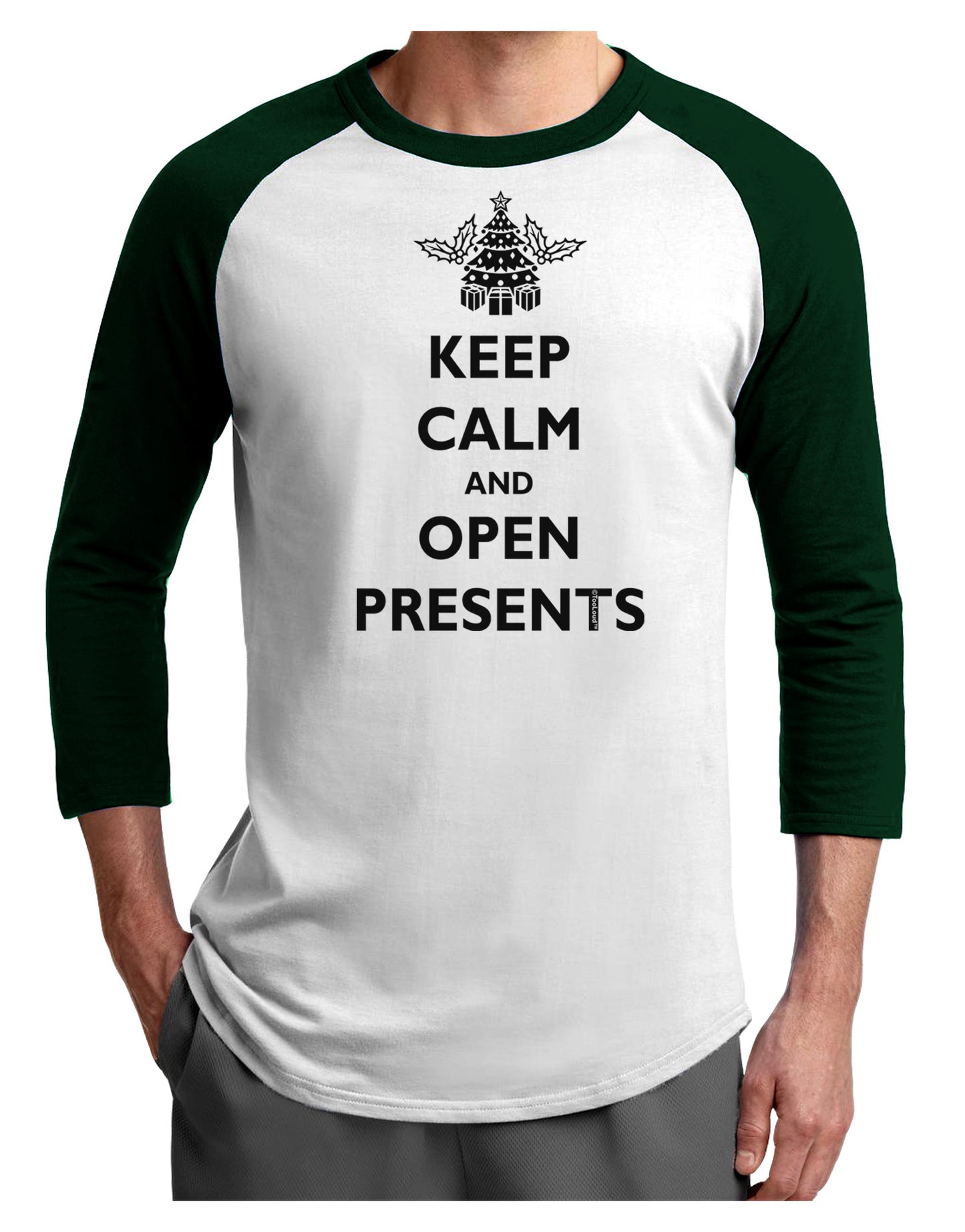 Keep Calm and Open Presents Christmas Adult Raglan Shirt-Raglan Shirt-TooLoud-White-Forest-X-Small-Davson Sales