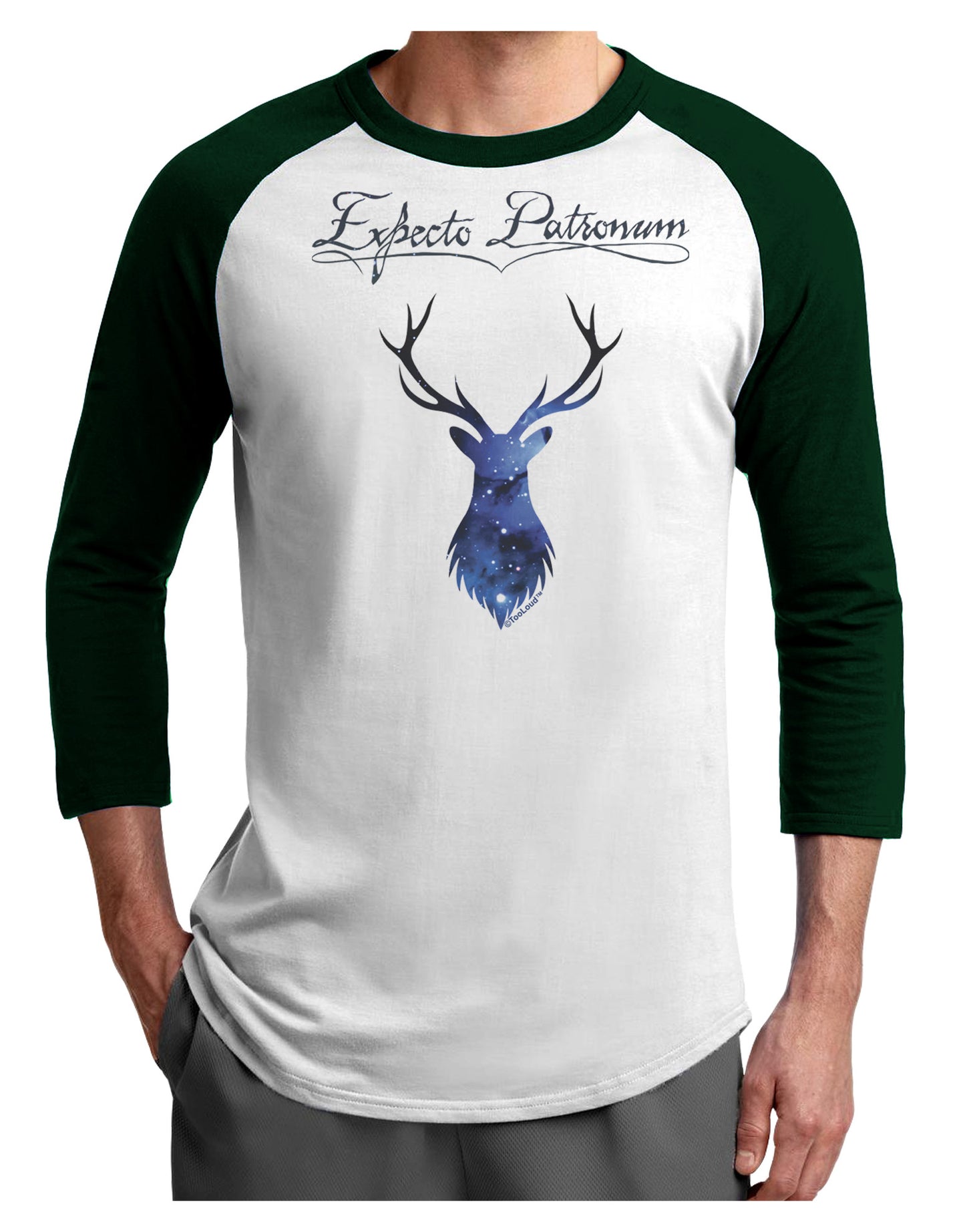 Expecto Patronum Space Stag Adult Raglan Shirt-Raglan Shirt-TooLoud-White-Forest-X-Small-Davson Sales