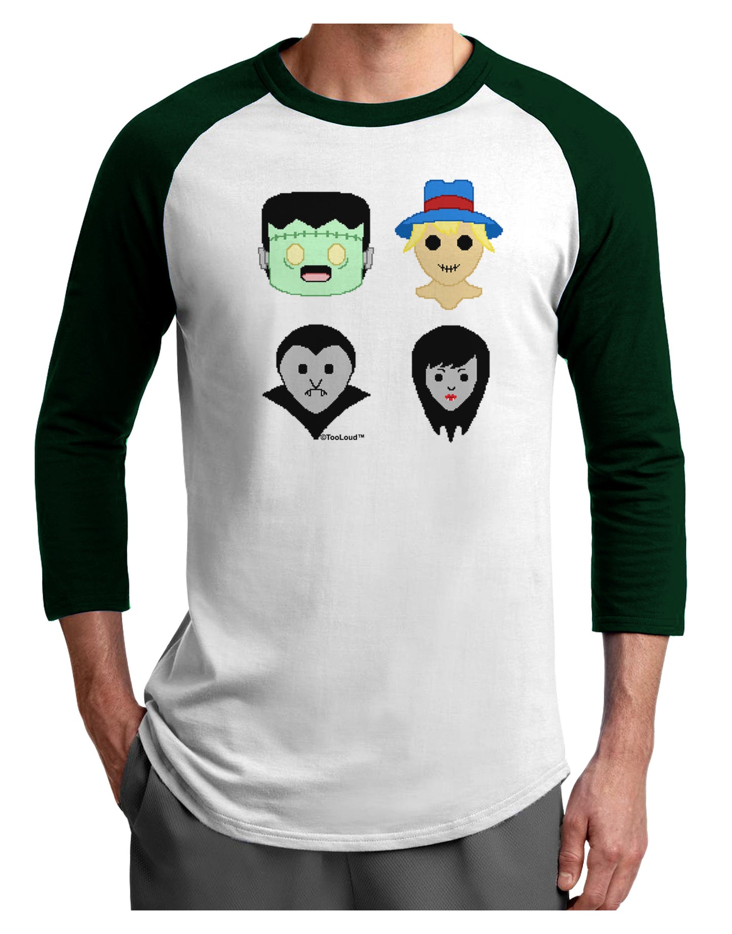 Cute Pixel Monsters Adult Raglan Shirt-TooLoud-White-Forest-X-Small-Davson Sales