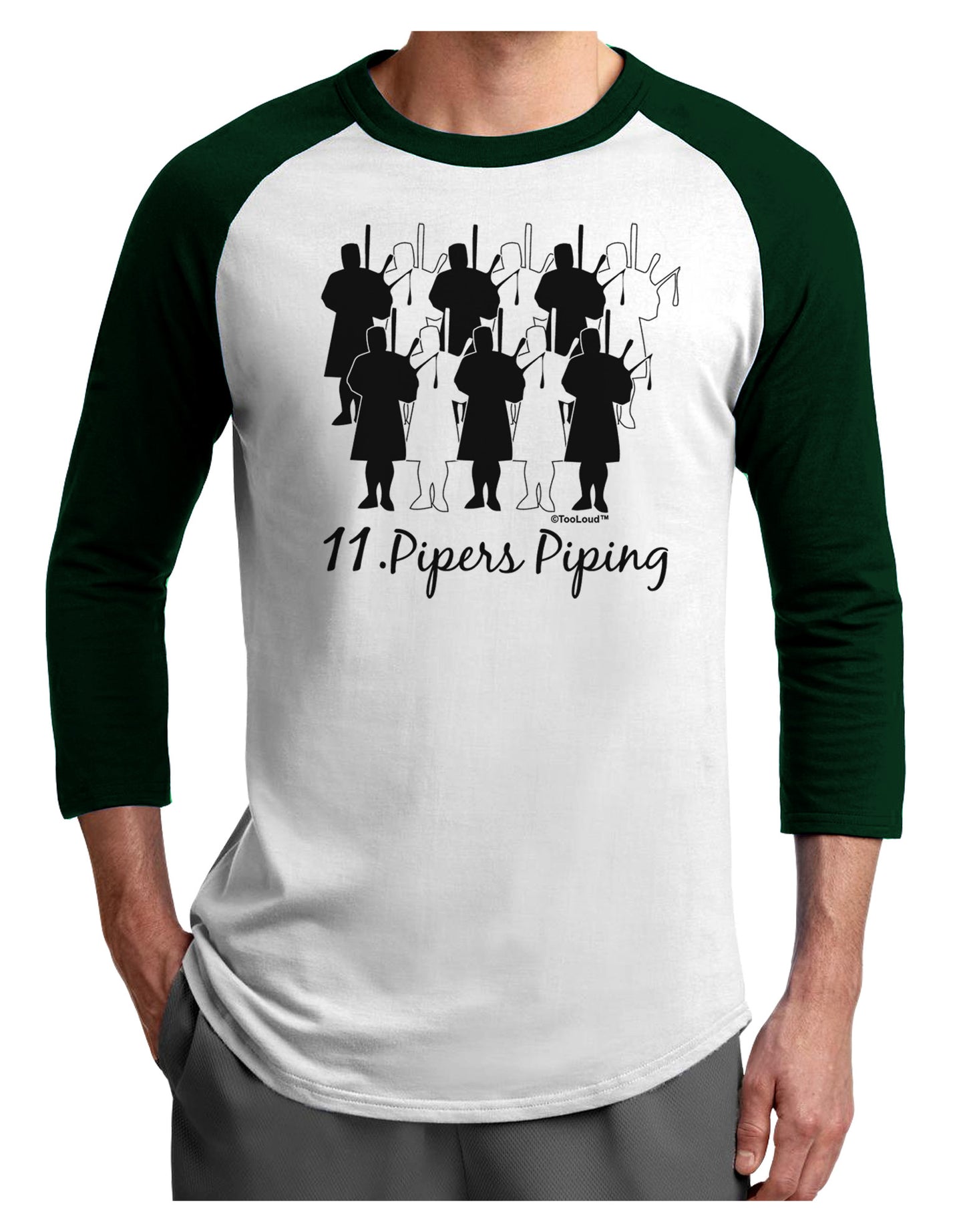 Eleven Pipers Piping Text Adult Raglan Shirt-TooLoud-White-Forest-X-Small-Davson Sales