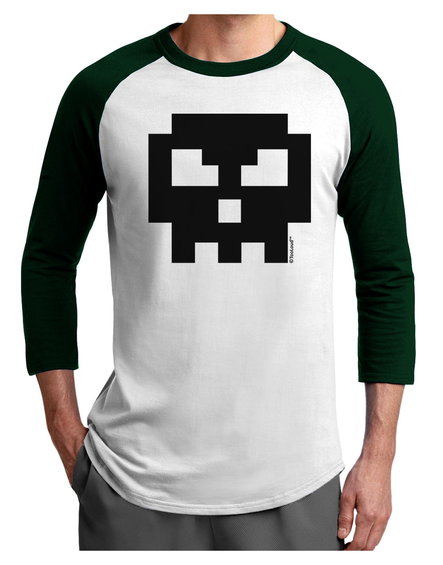 Retro 8-Bit Skull Adult Raglan Shirt-TooLoud-White-Forest-X-Small-Davson Sales
