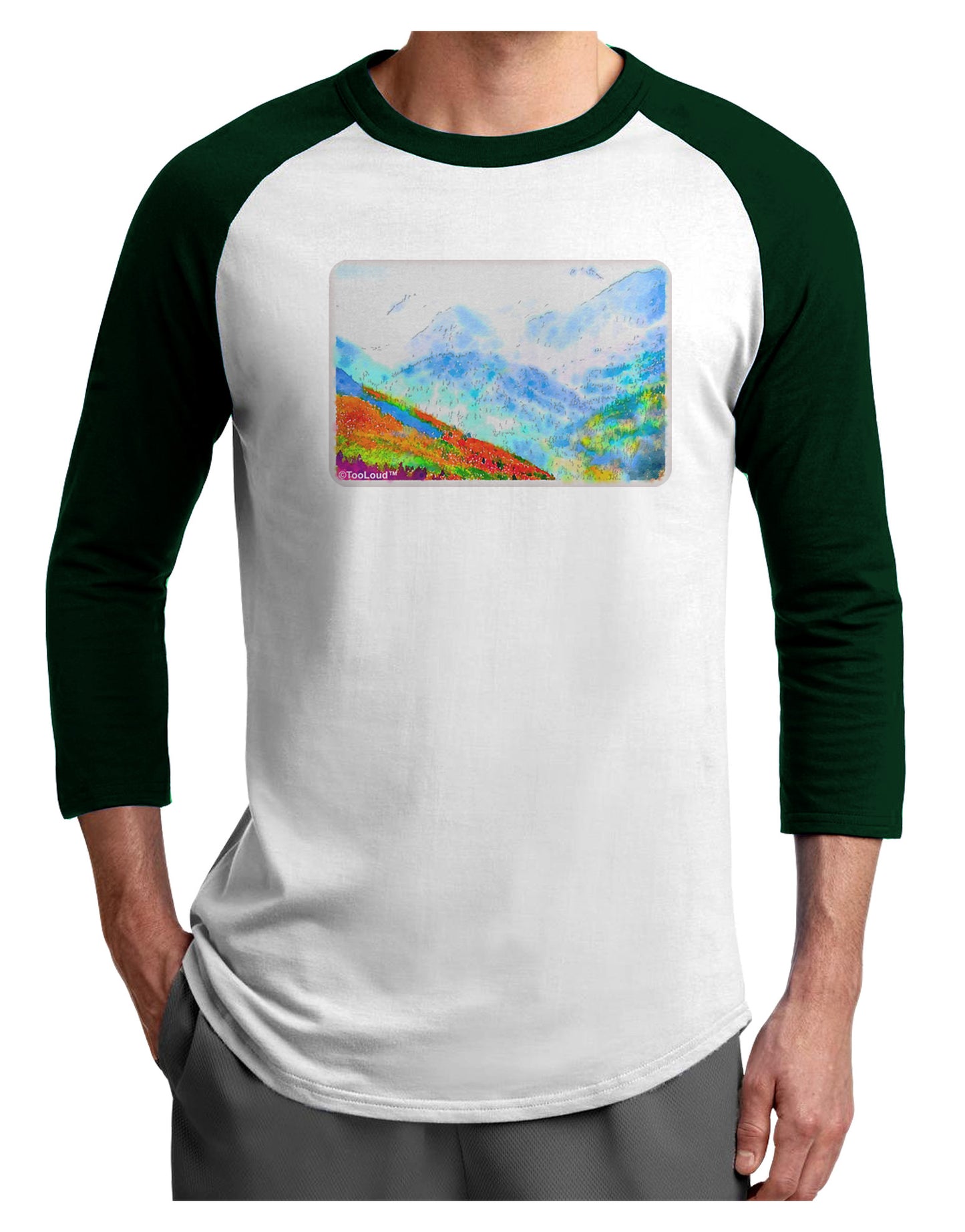 CO Fog Mountains Watercolor Adult Raglan Shirt-Raglan Shirt-TooLoud-White-Forest-X-Small-Davson Sales