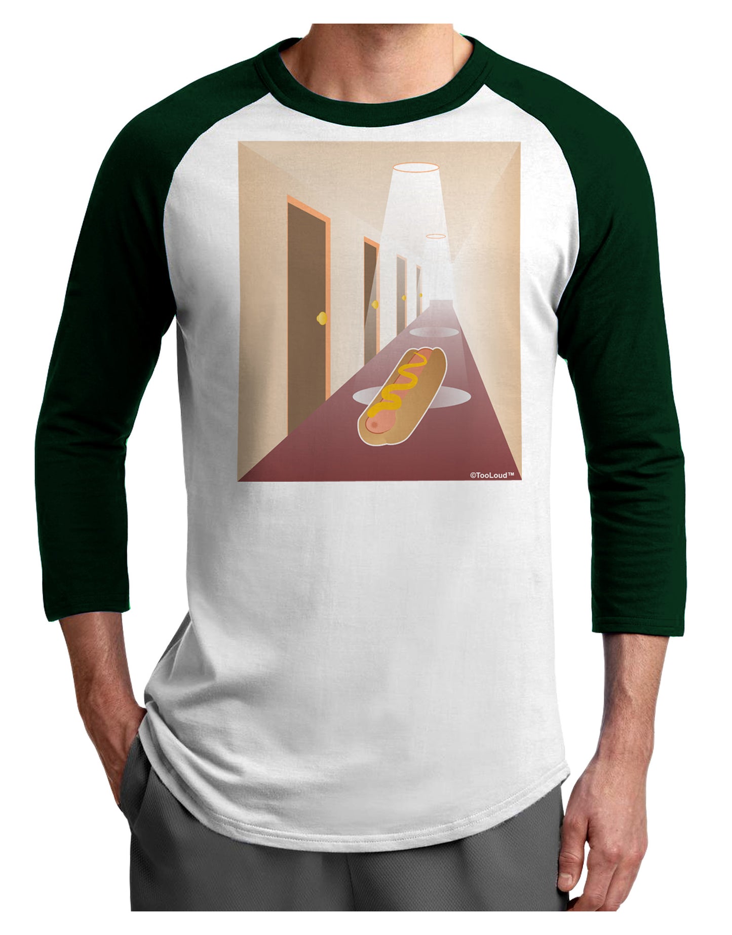 Hotdog in a Hallway Adult Raglan Shirt-TooLoud-White-Forest-X-Small-Davson Sales