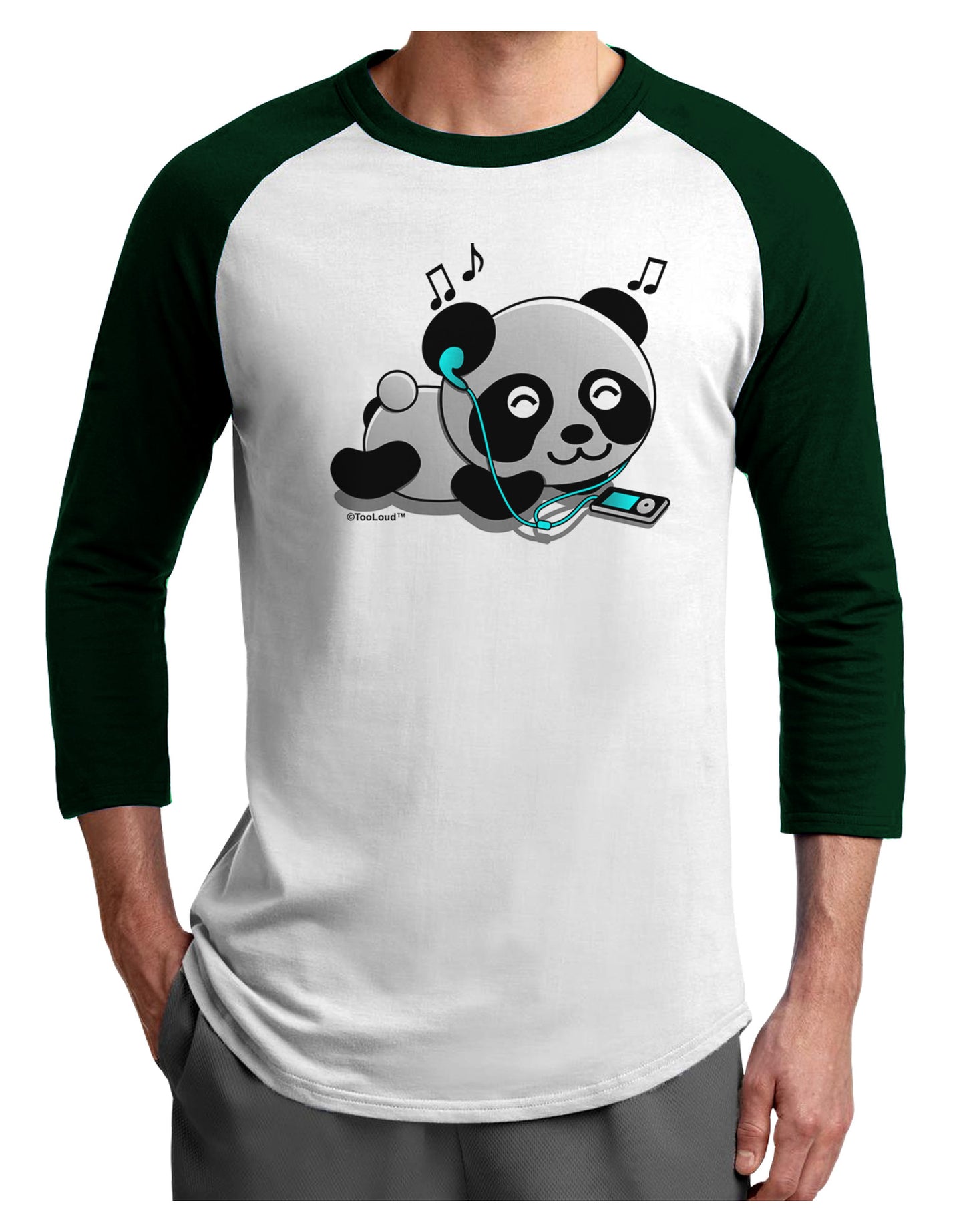 Cute Panda With Ear Buds Adult Raglan Shirt-TooLoud-White-Forest-X-Small-Davson Sales