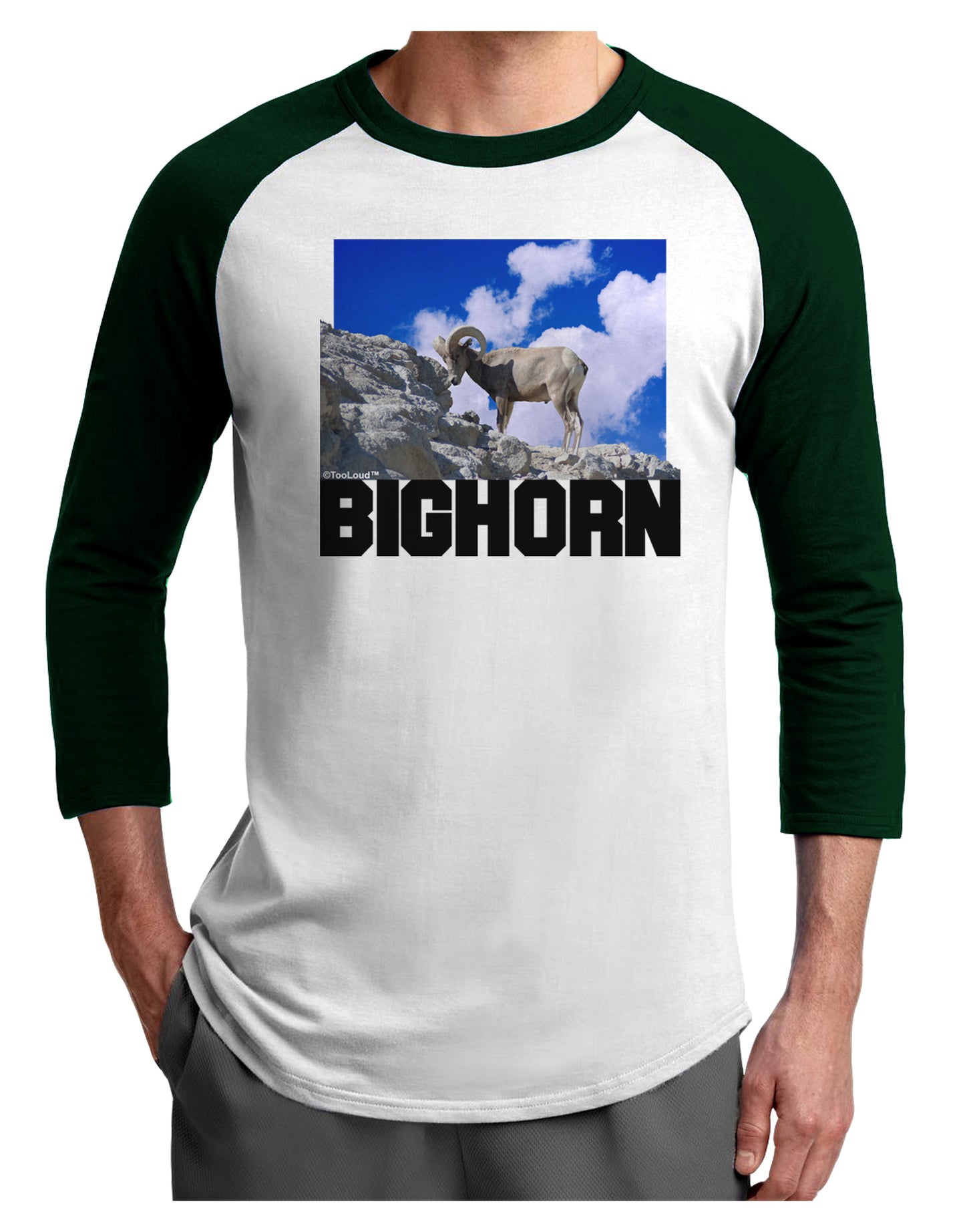 Bighorn Ram Text Adult Raglan Shirt-TooLoud-White-Forest-X-Small-Davson Sales