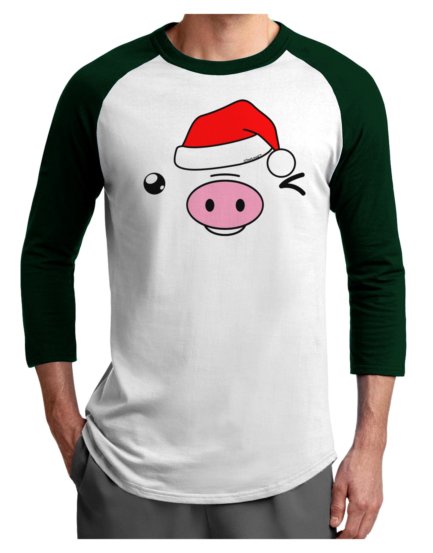 Kyu-T Face Oinkz Santa Hat Boy Pig Adult Raglan Shirt-TooLoud-White-Forest-X-Small-Davson Sales