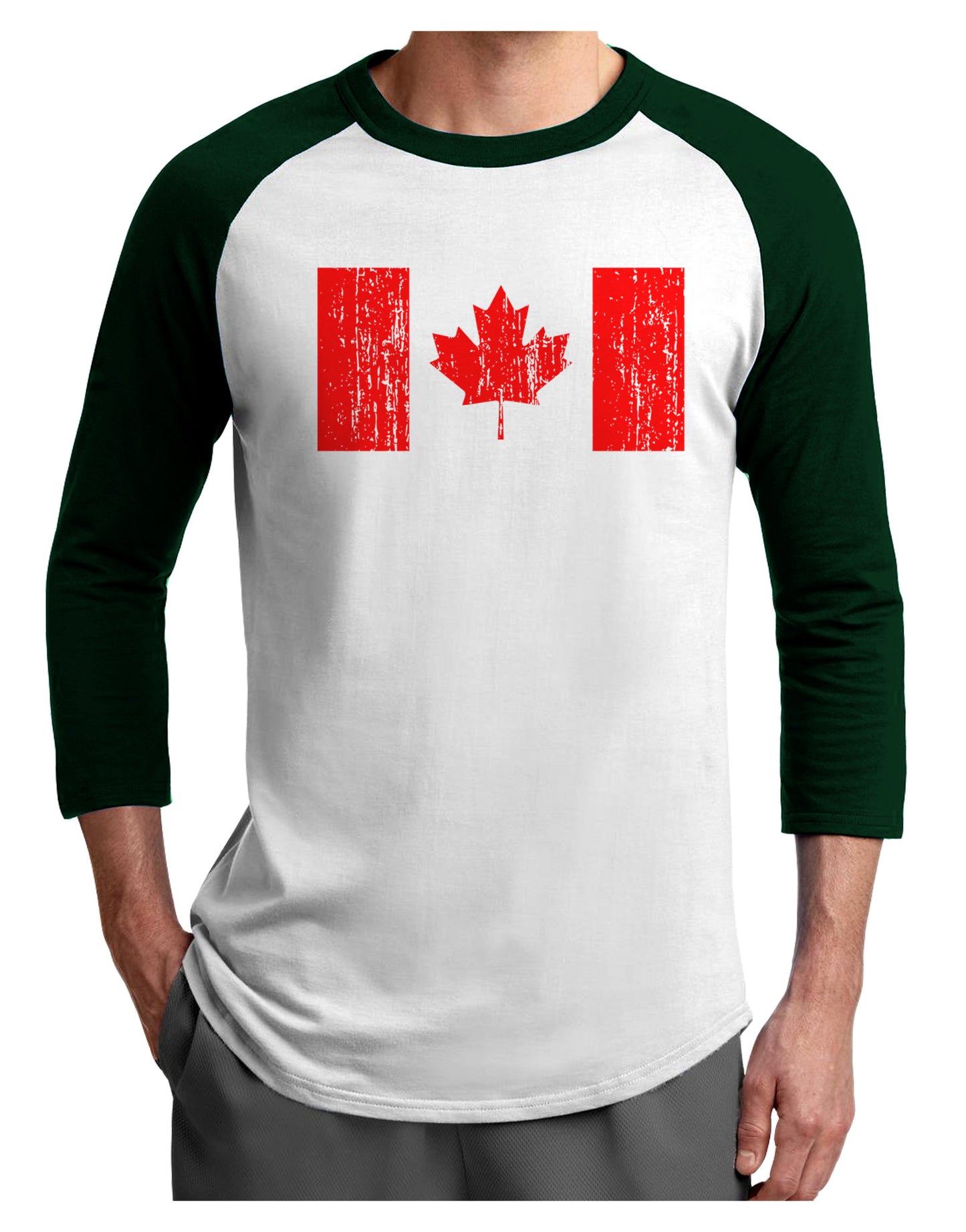 Distressed Canadian Flag Maple Leaf Adult Raglan Shirt-TooLoud-White-Forest-X-Small-Davson Sales