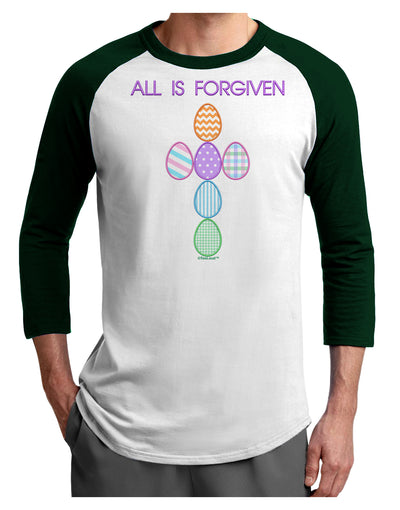 All is forgiven Cross Faux Applique Adult Raglan Shirt-Raglan Shirt-TooLoud-White-Forest-X-Small-Davson Sales