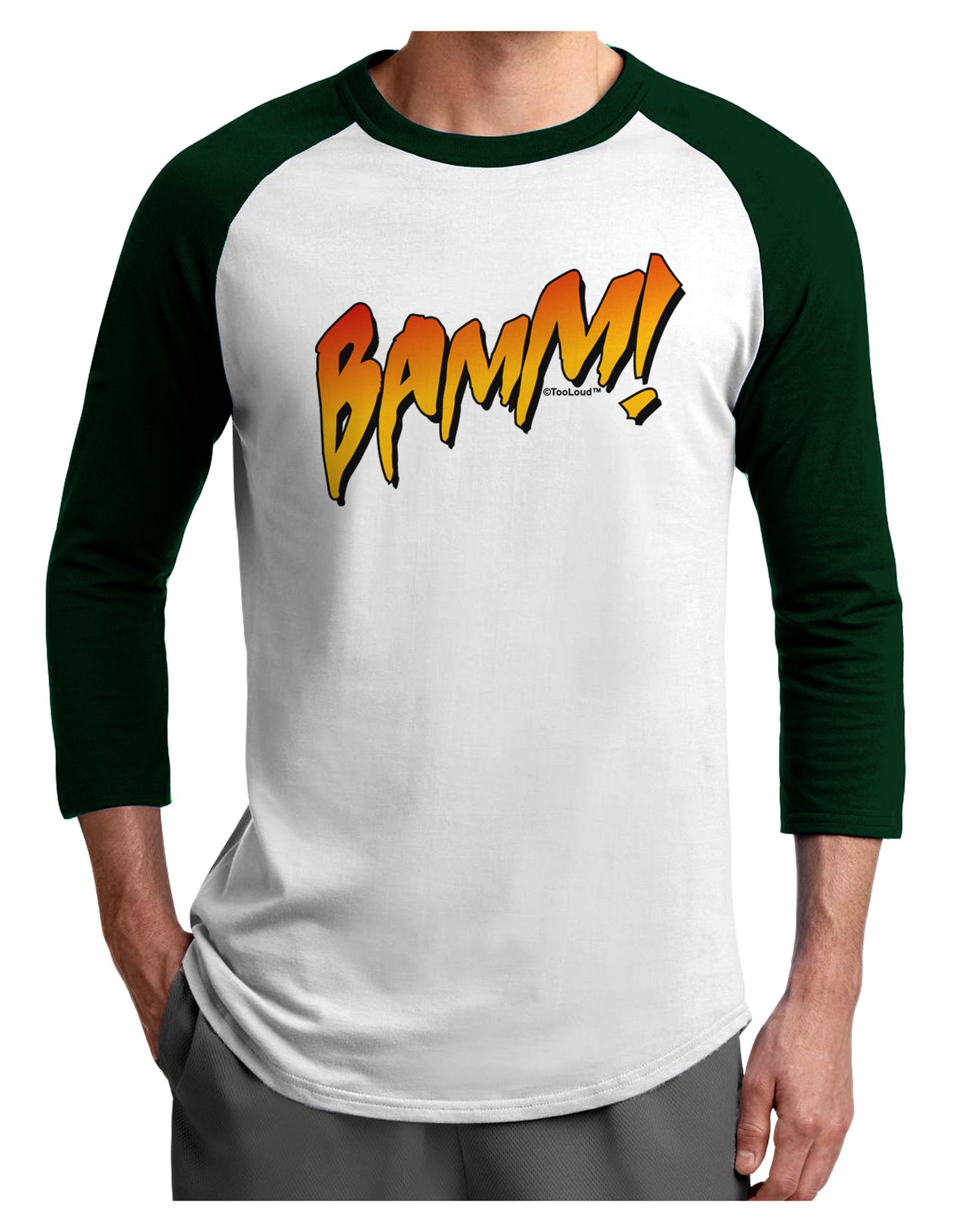 Onomatopoeia BAMM Adult Raglan Shirt-TooLoud-White-Forest-X-Small-Davson Sales