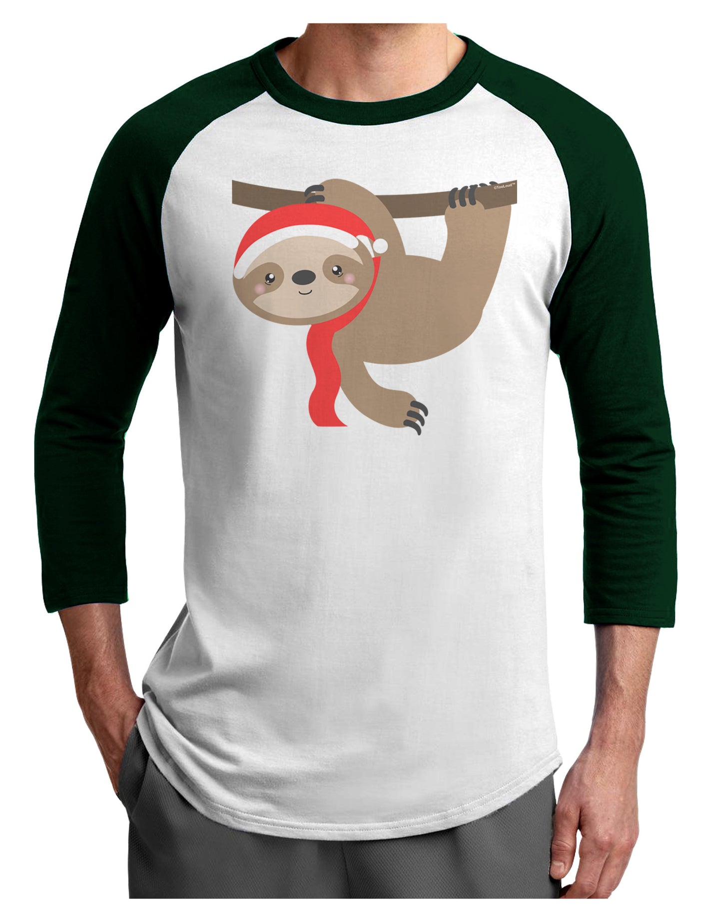 Cute Christmas Sloth with Santa Hat Adult Raglan Shirt-TooLoud-White-Forest-X-Small-Davson Sales