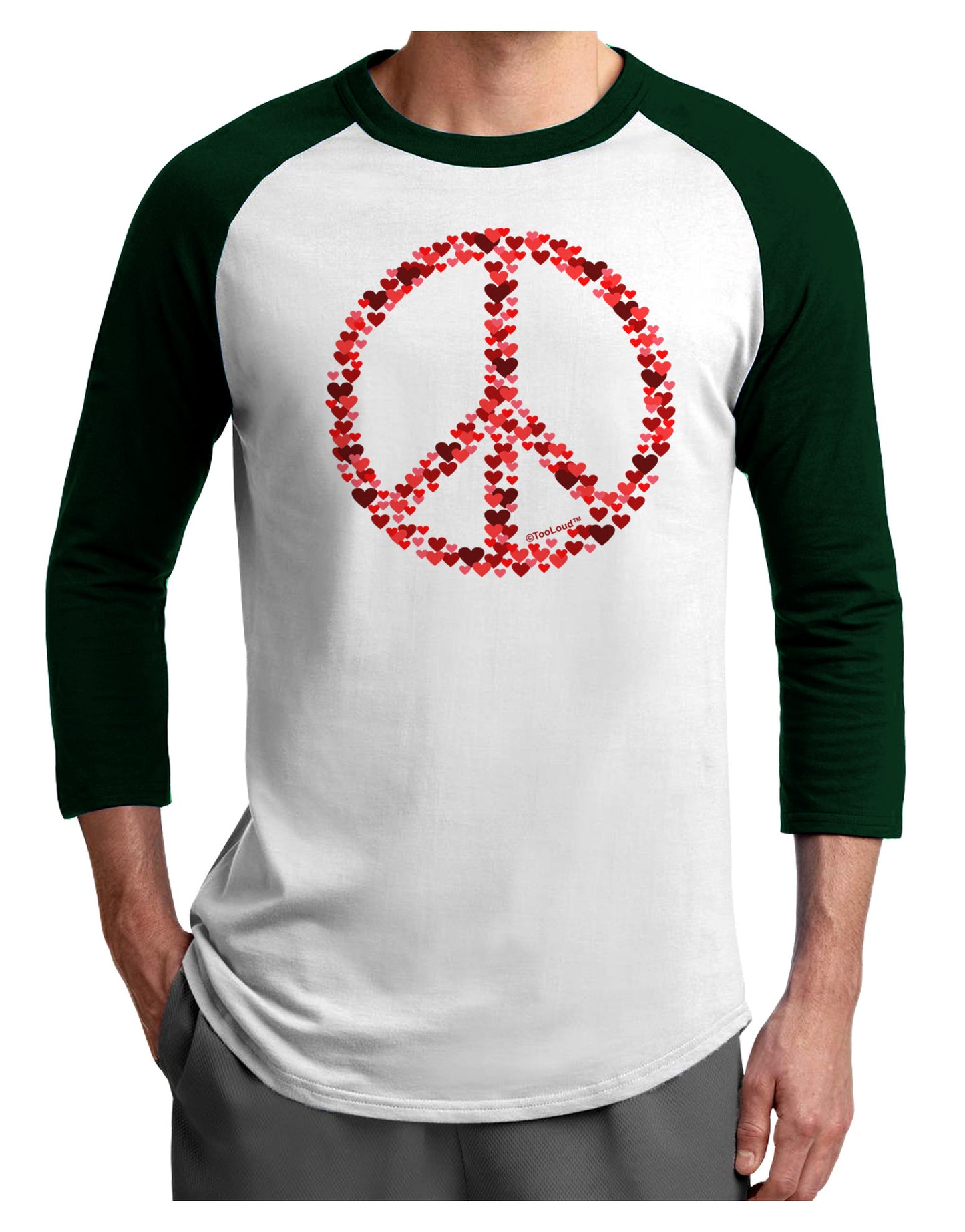 Peace Sign Hearts Red Adult Raglan Shirt-Raglan Shirt-TooLoud-White-Forest-X-Small-Davson Sales