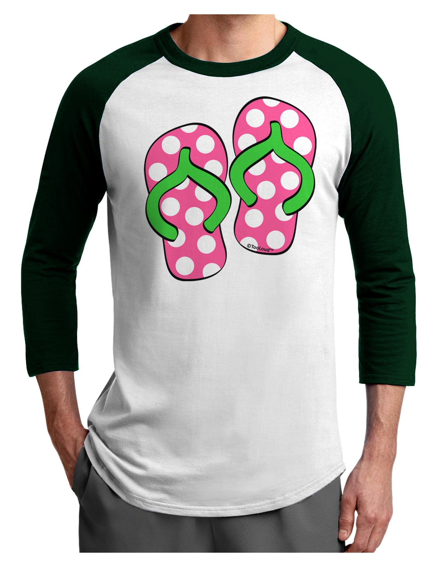 Cute Polka Dot Flip Flops - Pink and Green Adult Raglan Shirt-TooLoud-White-Forest-X-Small-Davson Sales