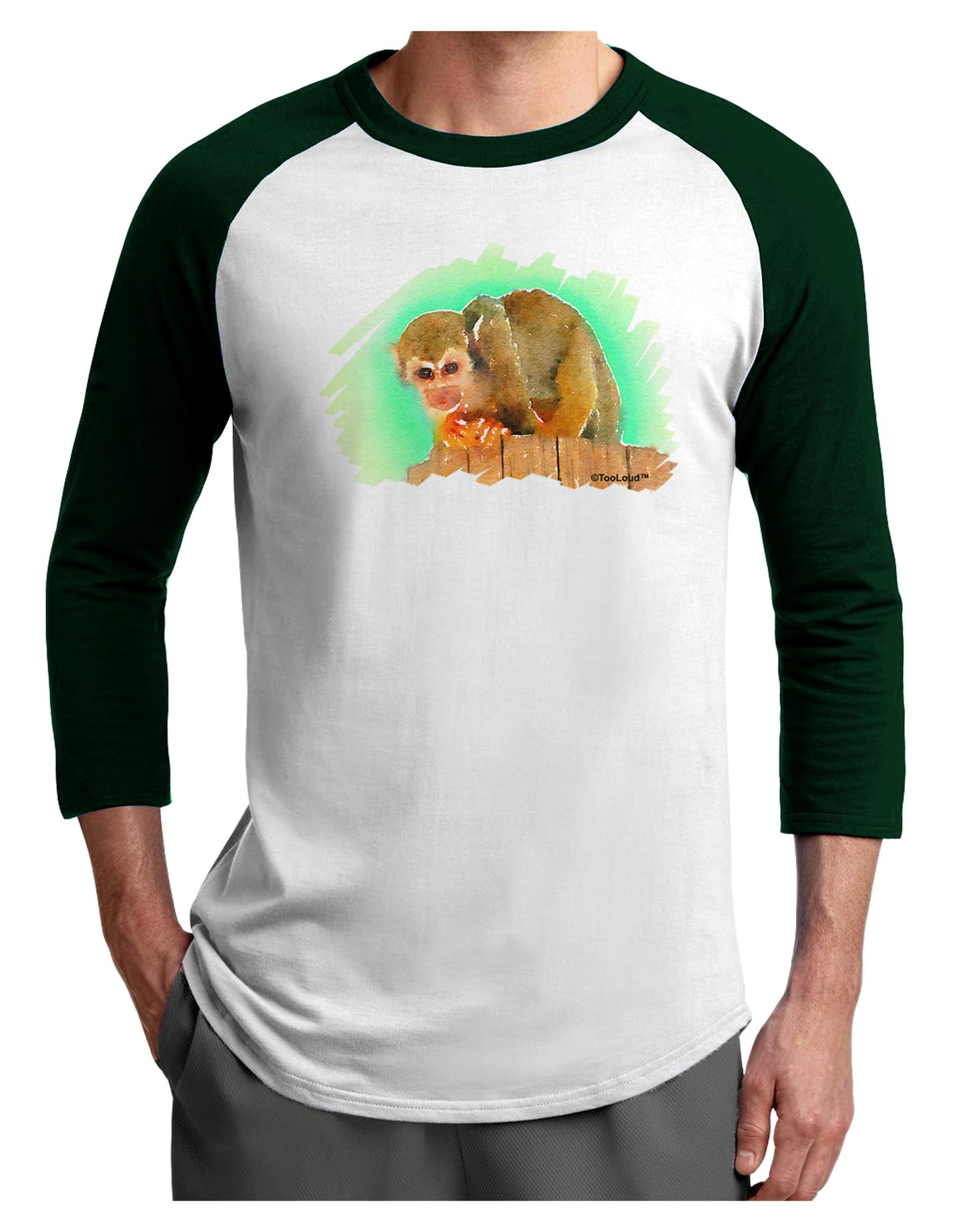 Squirrel Monkey Watercolor Adult Raglan Shirt-TooLoud-White-Forest-X-Small-Davson Sales