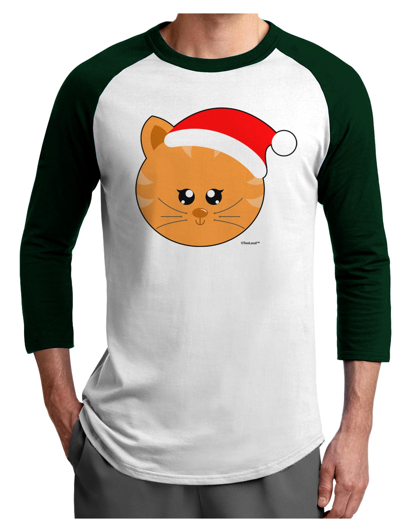 Cute Christmas Cat Santa Hat Adult Raglan Shirt-TooLoud-White-Forest-X-Small-Davson Sales