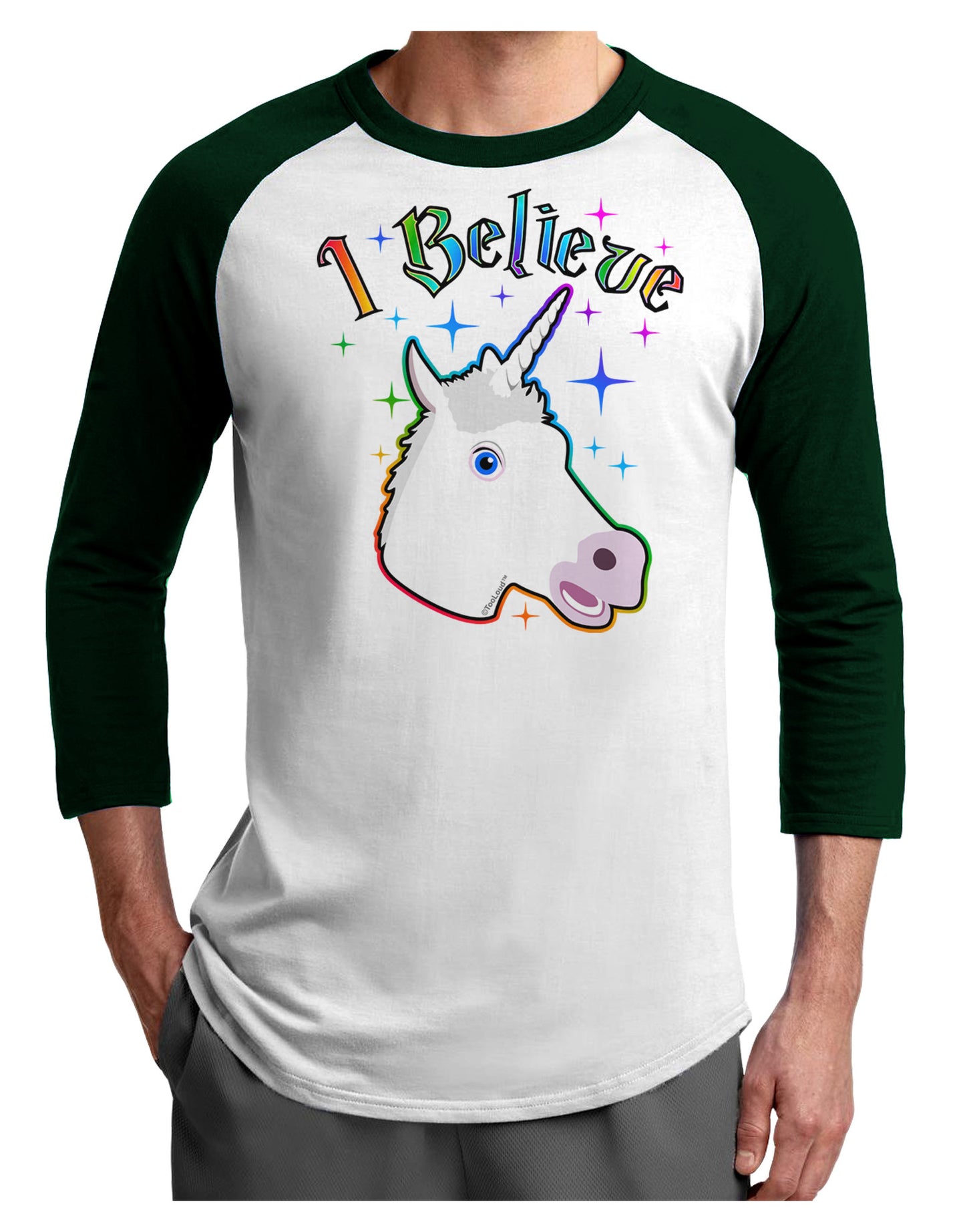 I Believe in Unicorns Adult Raglan Shirt-Raglan Shirt-TooLoud-White-Forest-X-Small-Davson Sales