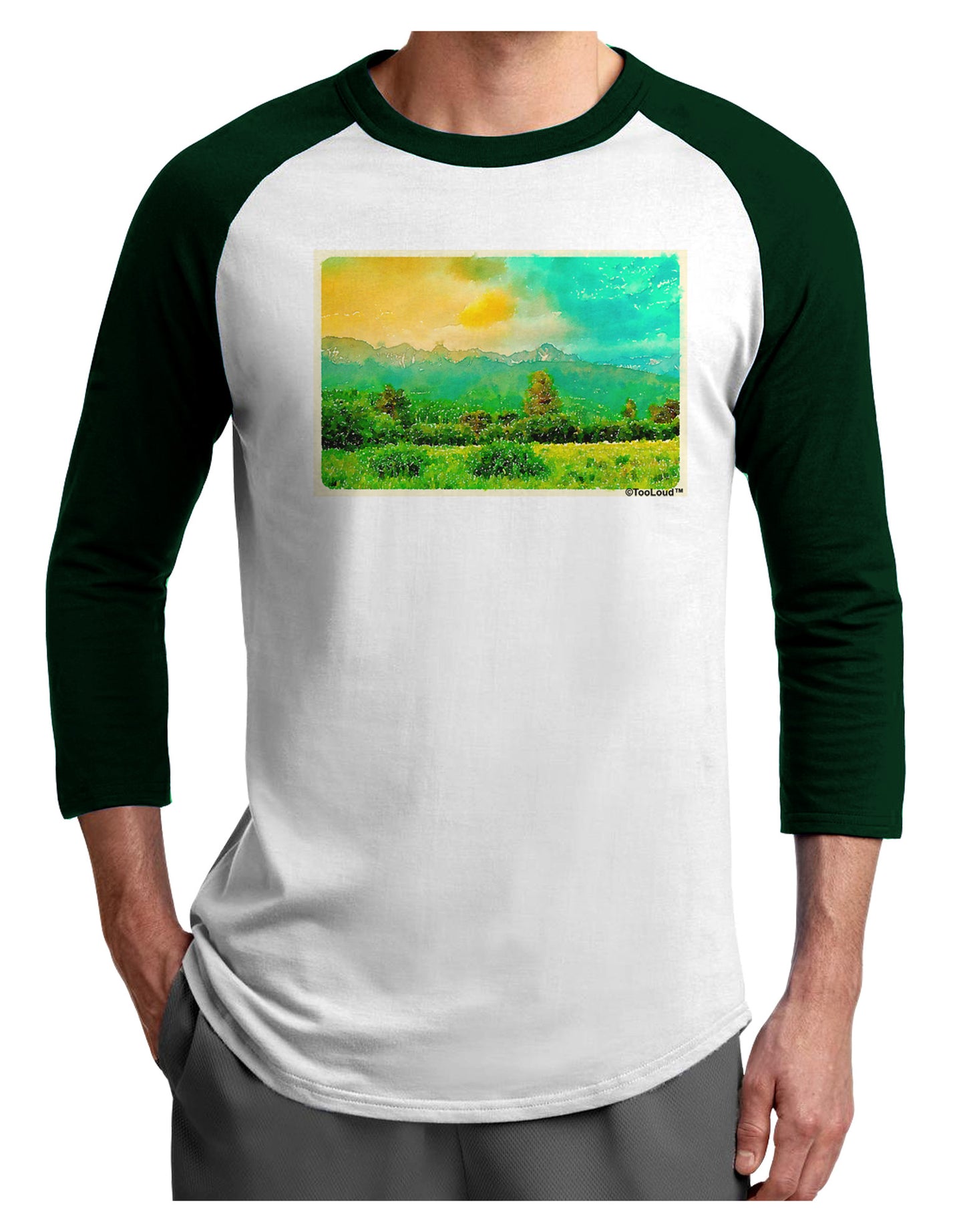 Mountain Sunset Watercolor Adult Raglan Shirt-TooLoud-White-Forest-X-Small-Davson Sales