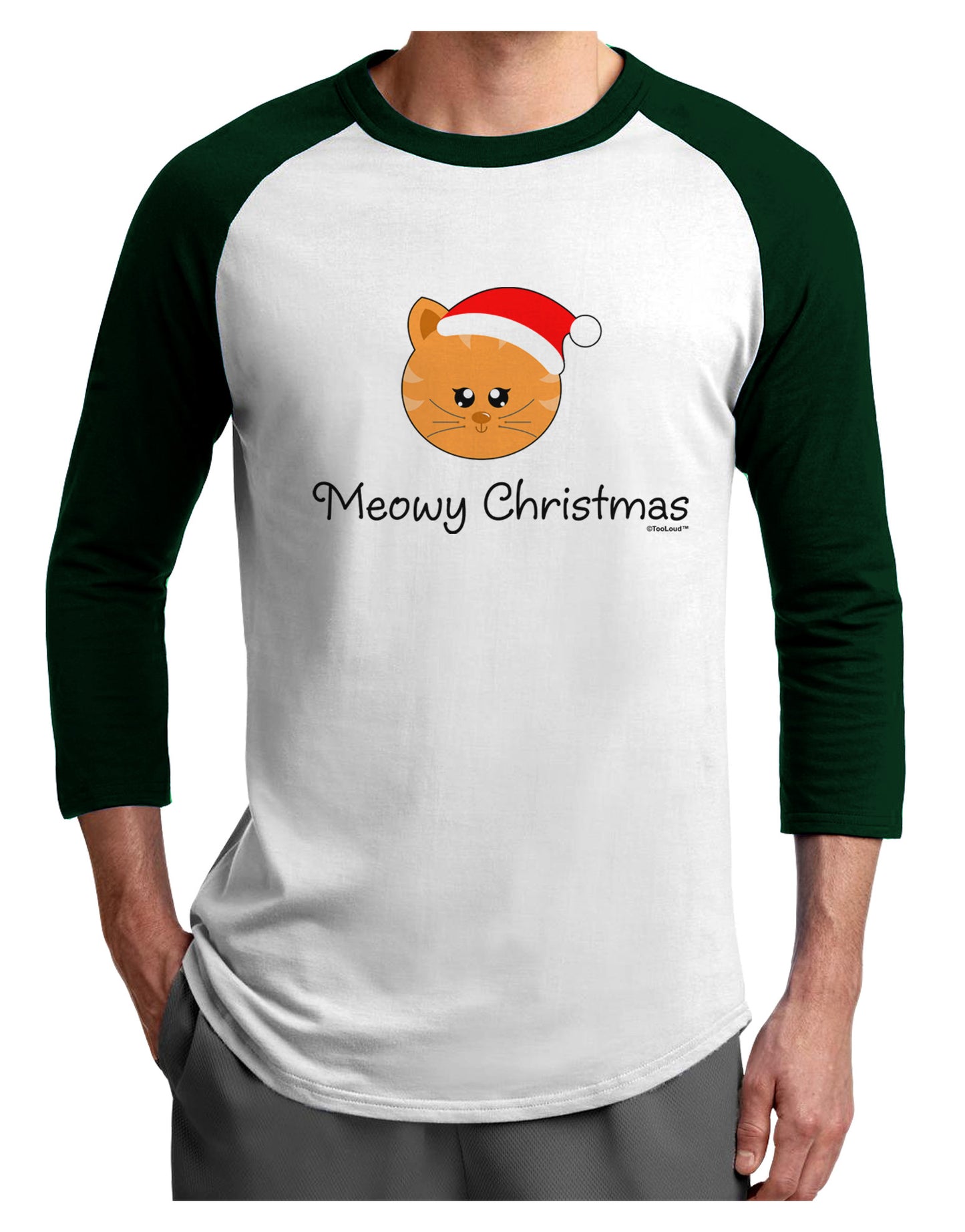 Meowy Christmas Cute Cat Santa Hat Adult Raglan Shirt-TooLoud-White-Forest-X-Small-Davson Sales