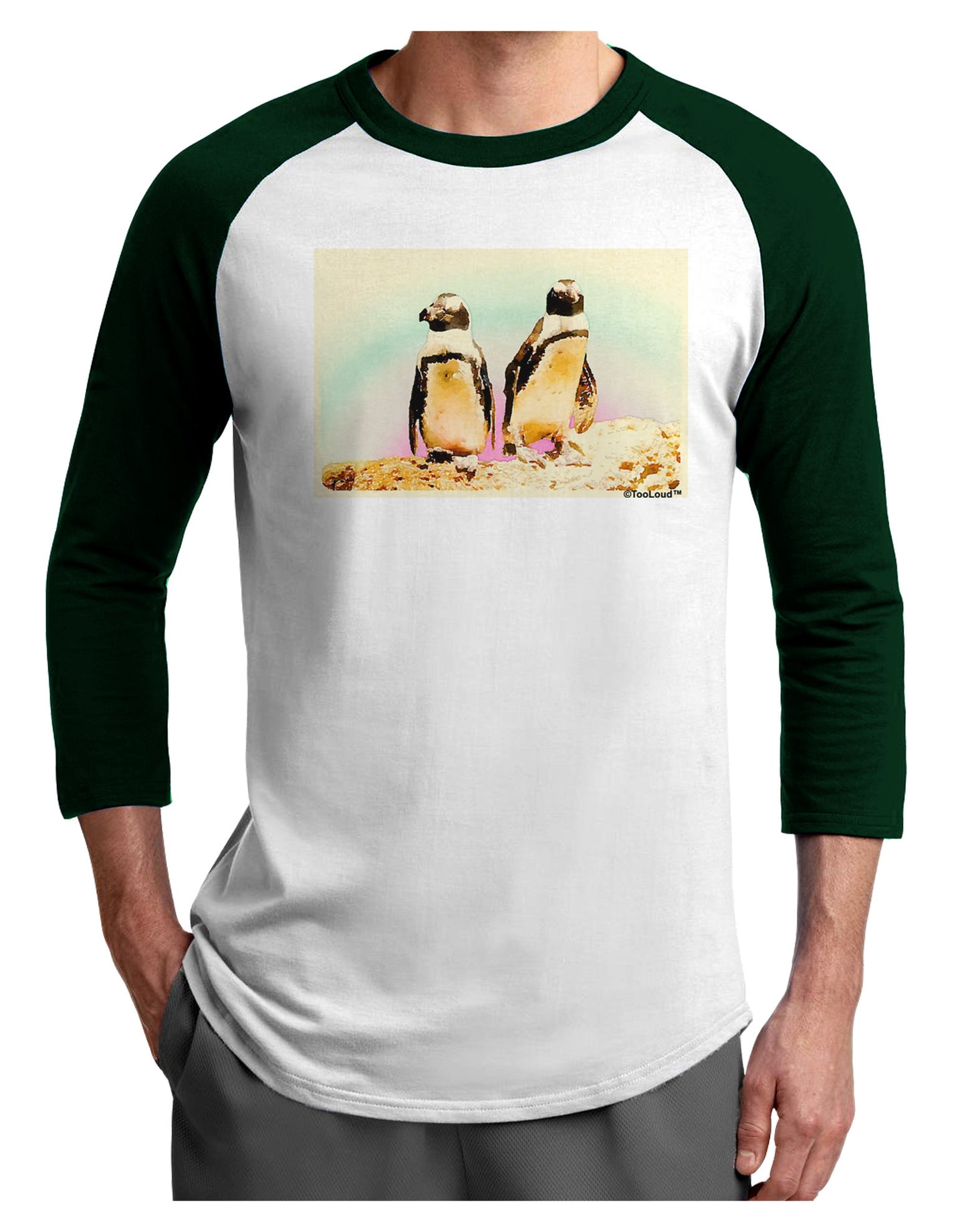Magellanic Penguin Watercolor Adult Raglan Shirt-TooLoud-White-Forest-X-Small-Davson Sales
