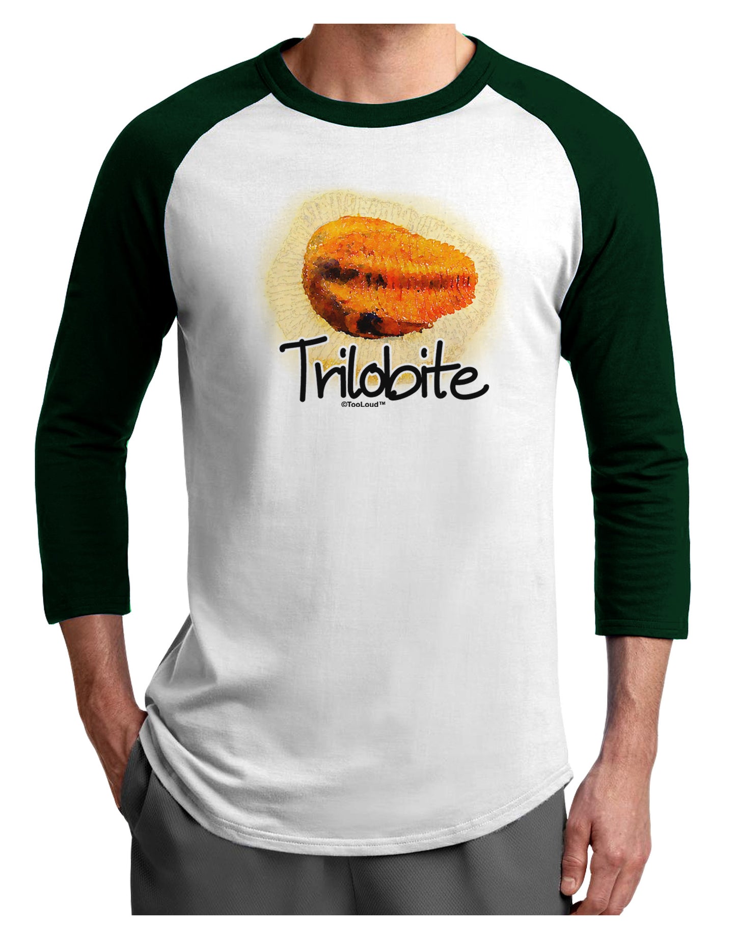 Trilobite Fossil Watercolor Text Adult Raglan Shirt-TooLoud-White-Forest-X-Small-Davson Sales