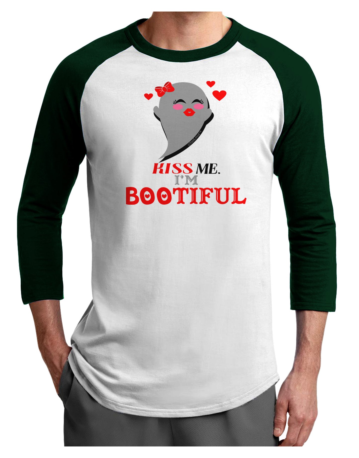 Kiss Me BOOtiful Ghost Red Adult Raglan Shirt-Raglan Shirt-TooLoud-White-Forest-X-Small-Davson Sales