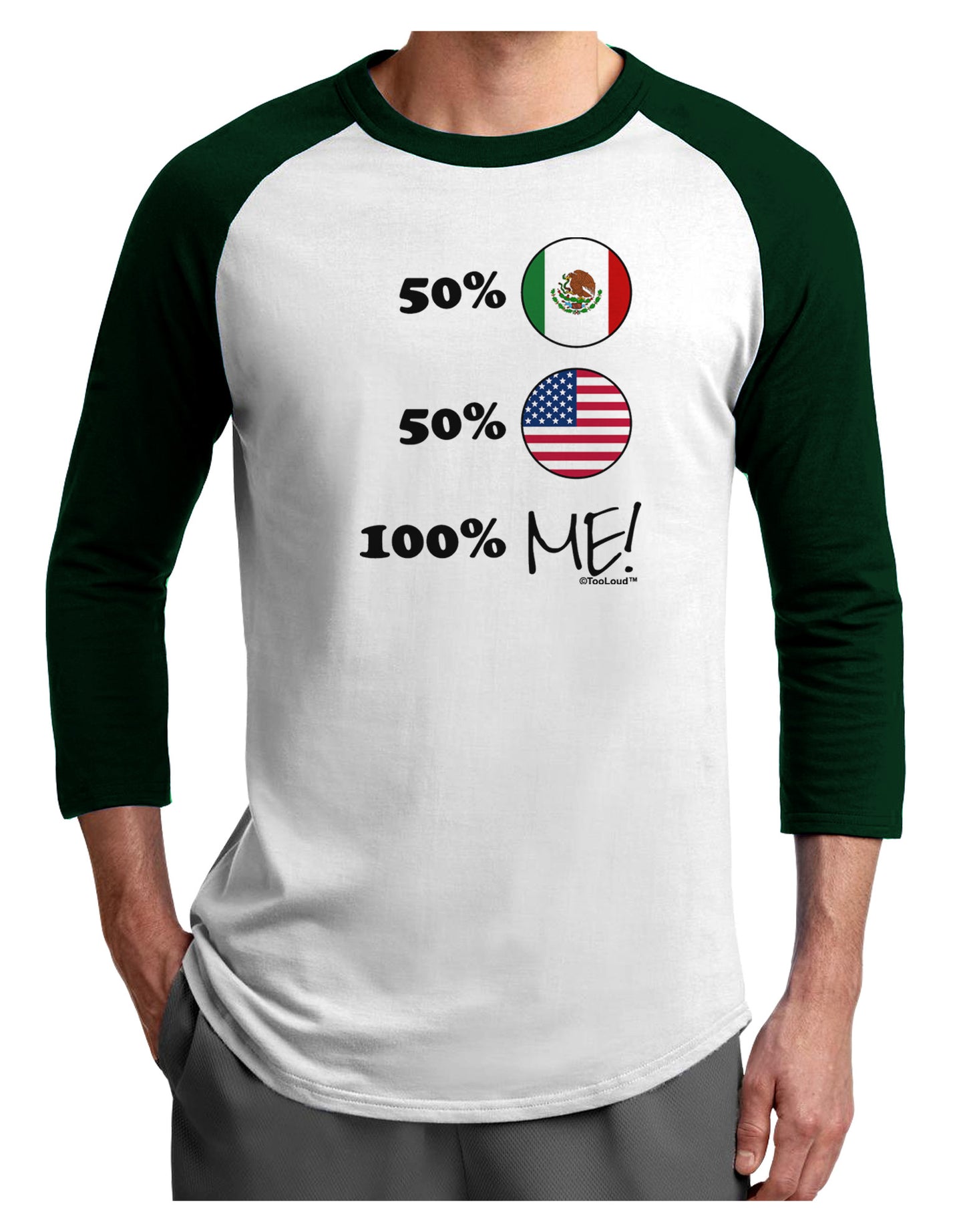 Mexican American 100 Percent Me Adult Raglan Shirt-TooLoud-White-Forest-X-Small-Davson Sales