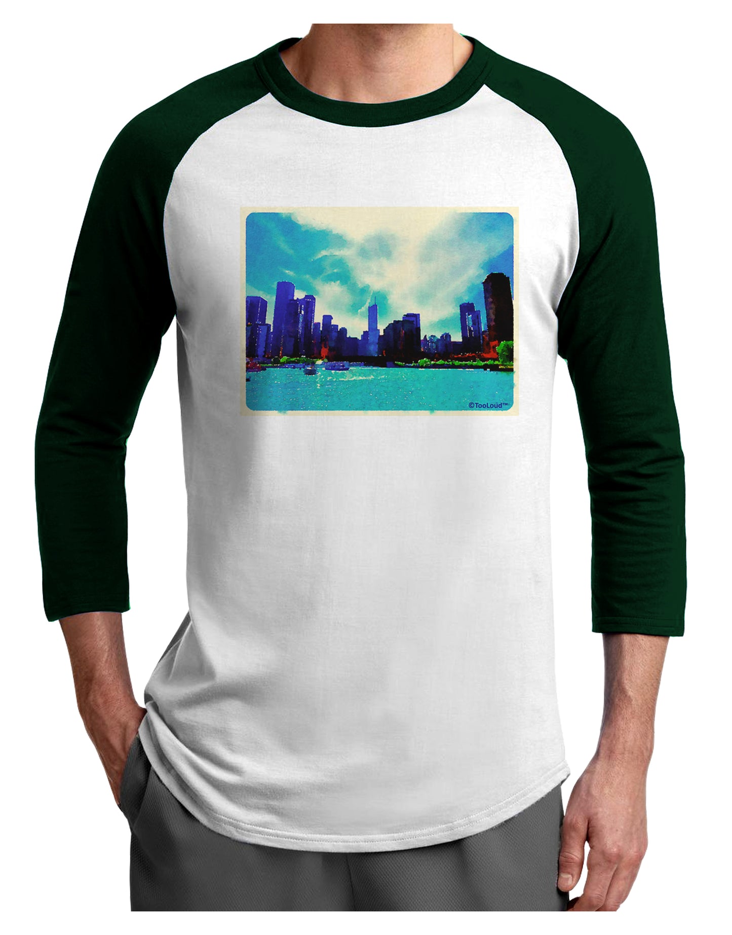 Chicago Skyline Watercolor Adult Raglan Shirt-TooLoud-White-Forest-X-Small-Davson Sales