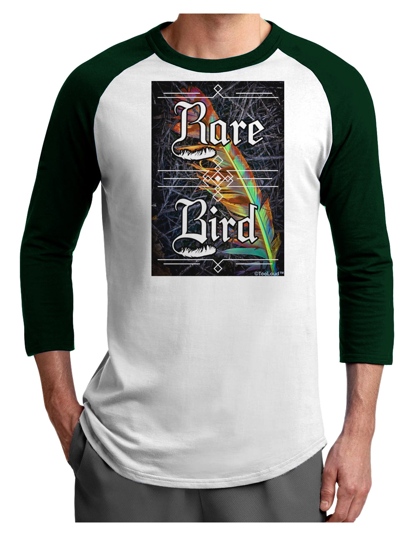 Rare Bird - Colorful Feather Adult Raglan Shirt-Raglan Shirt-TooLoud-White-Forest-X-Small-Davson Sales