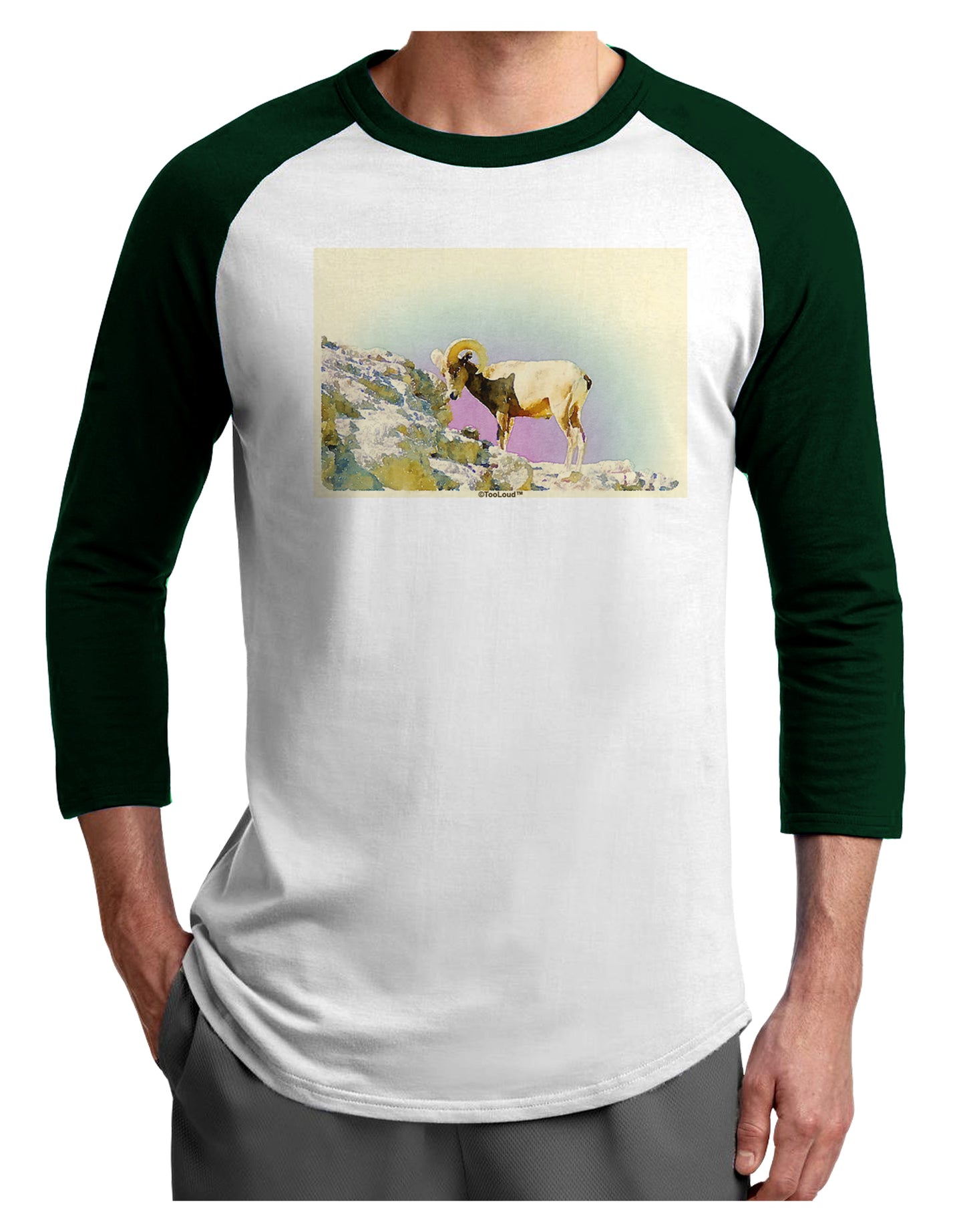 Bighorn Ram Watercolor Adult Raglan Shirt-TooLoud-White-Forest-X-Small-Davson Sales