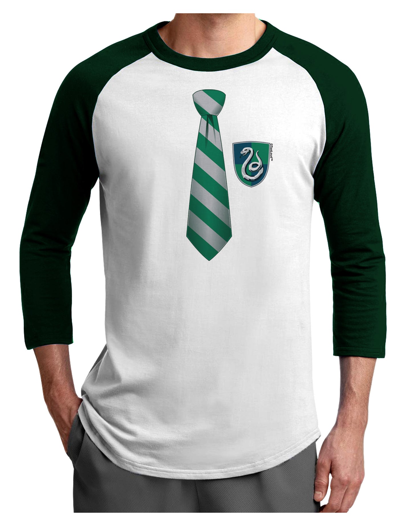 TooLoud Wizard Tie Green and Silver Adult Raglan Shirt-TooLoud-White-Forest-X-Small-Davson Sales