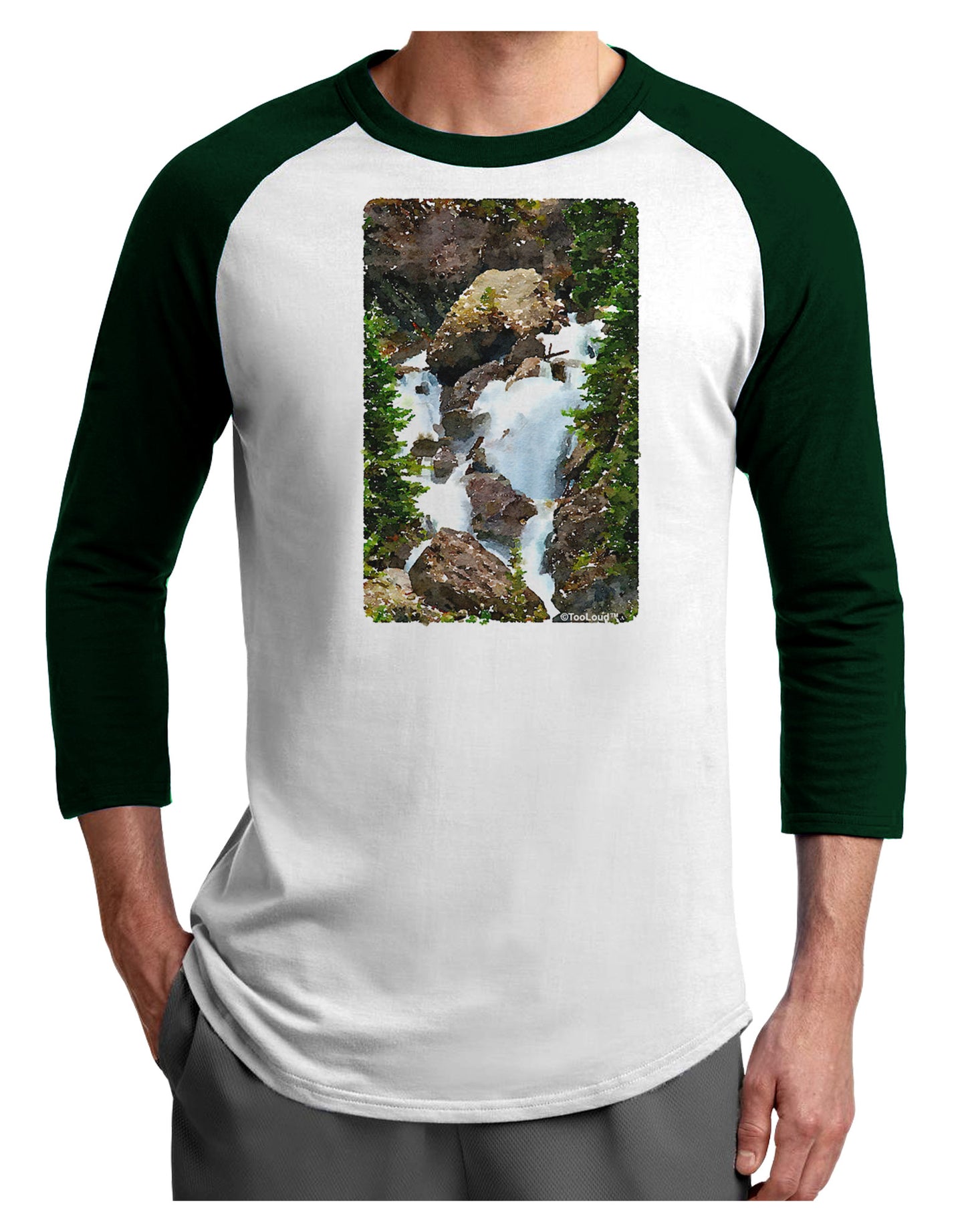 TooLoud Waterfall Watercolor Adult Raglan Shirt-TooLoud-White-Forest-X-Small-Davson Sales