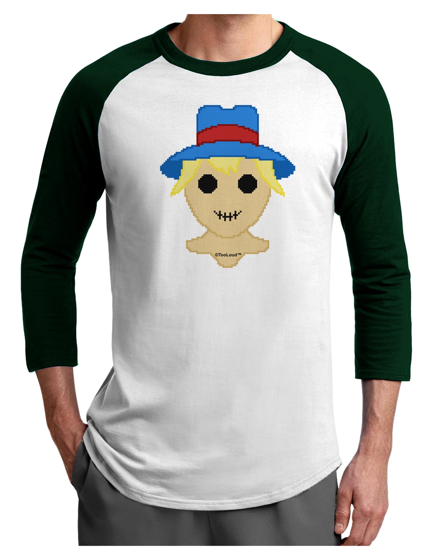 Cute Pixel Scarecrow Adult Raglan Shirt-TooLoud-White-Forest-X-Small-Davson Sales