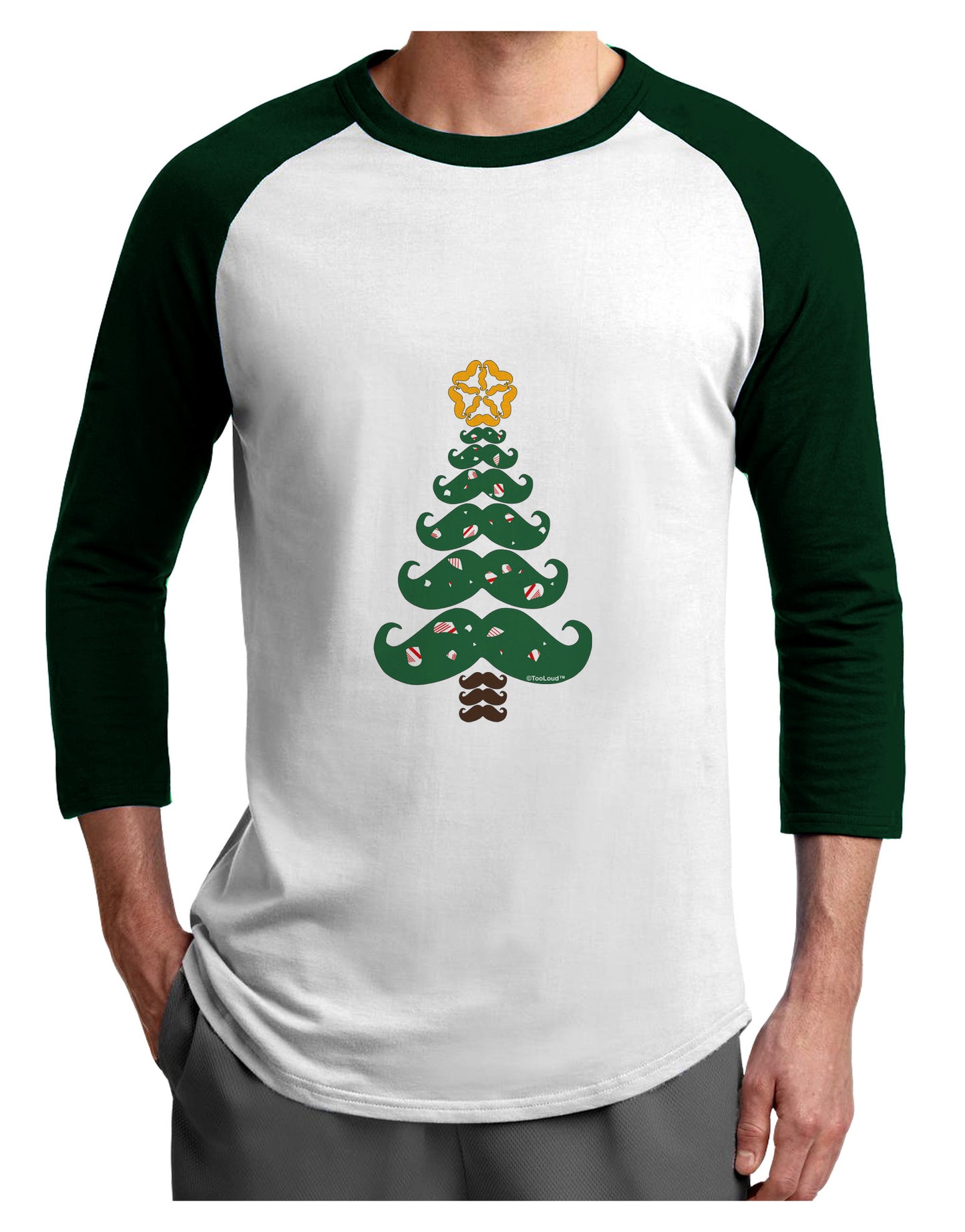 Mustache Christmas Tree Adult Raglan Shirt-TooLoud-White-Forest-X-Small-Davson Sales