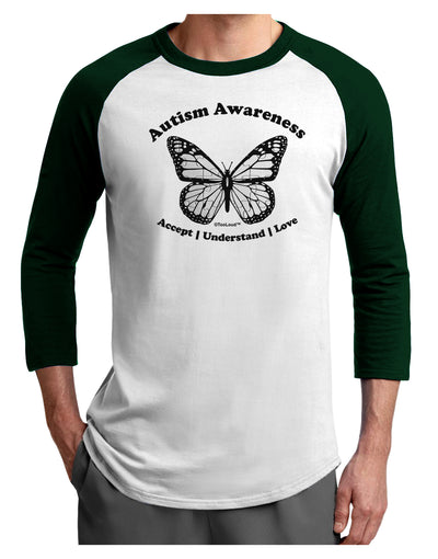 Autism Awareness - Puzzle Piece Butterfly 2 Adult Raglan Shirt-TooLoud-White-Forest-X-Small-Davson Sales