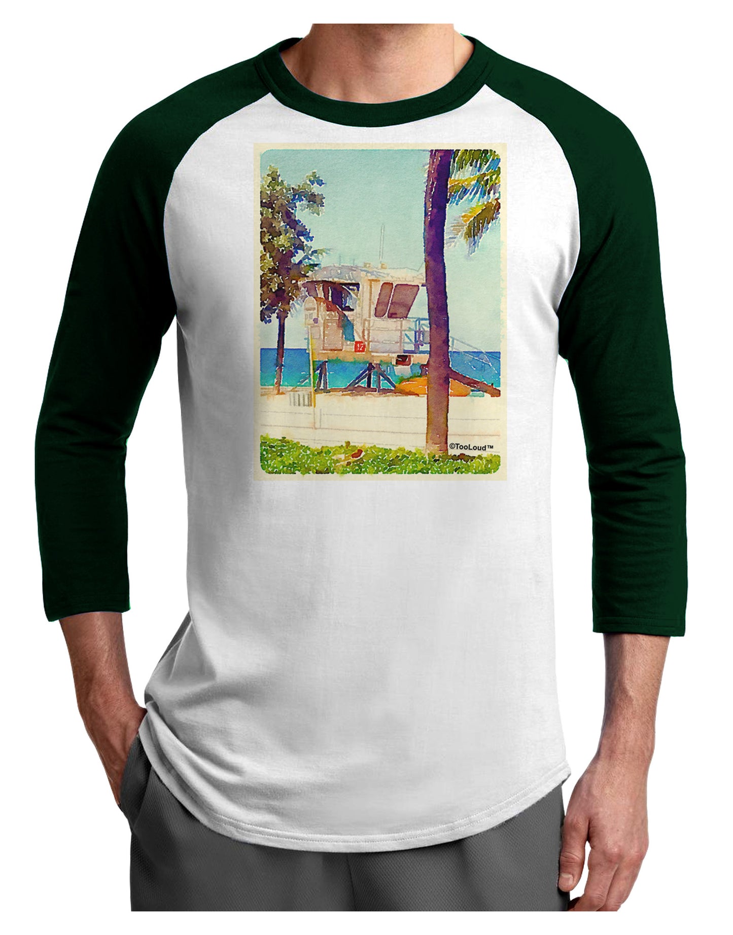 Lifeguard Station Watercolor Adult Raglan Shirt-TooLoud-White-Forest-X-Small-Davson Sales