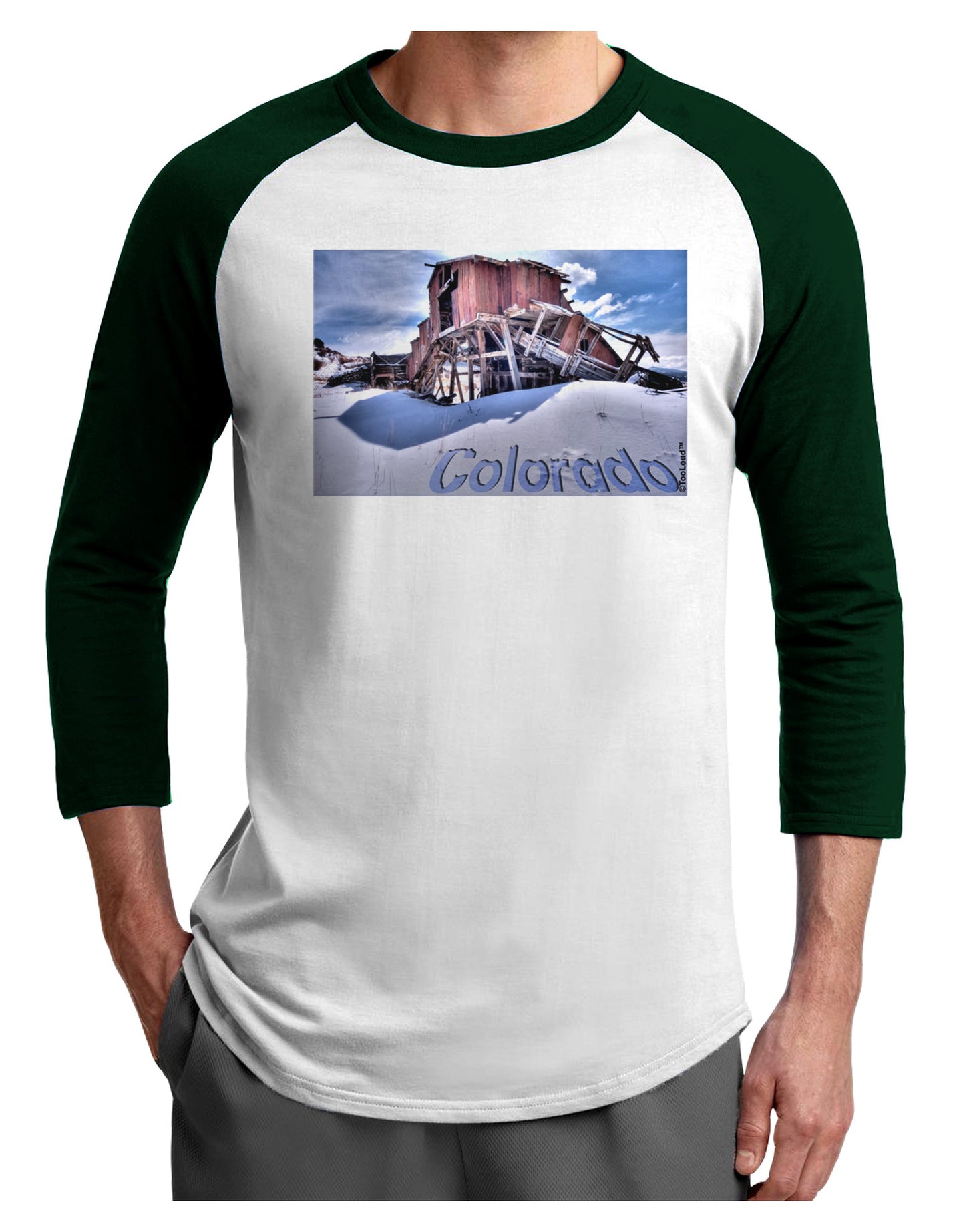 Victor Mines Colorado Text Adult Raglan Shirt-TooLoud-White-Forest-X-Small-Davson Sales