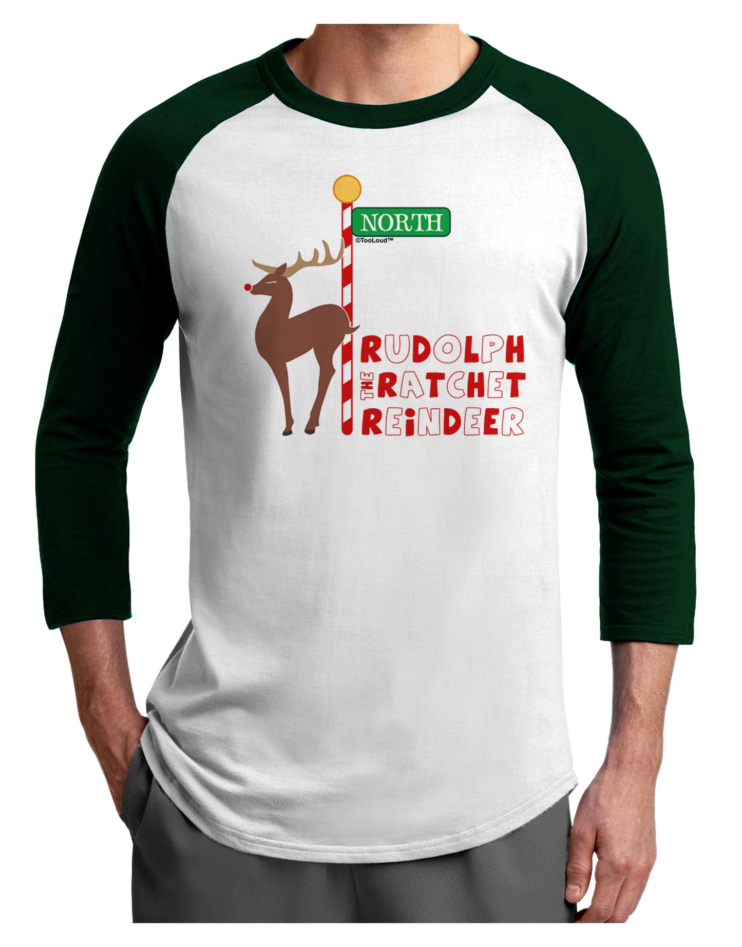 Rudolf Ratchet Reindeer Color Text Adult Raglan Shirt-TooLoud-White-Forest-X-Small-Davson Sales