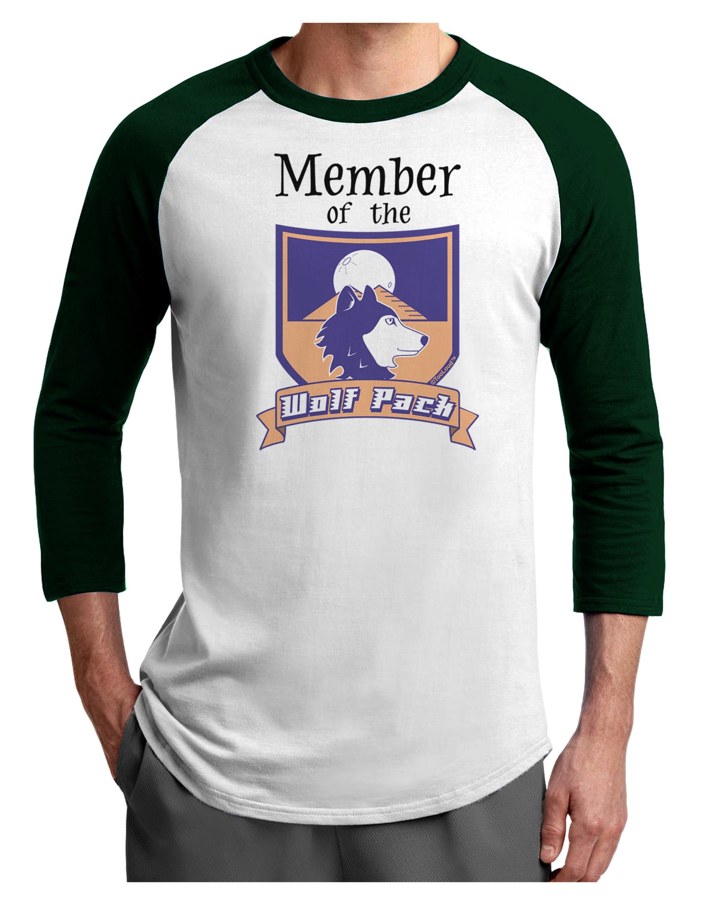 Member of the Wolf Pack Adult Raglan Shirt-TooLoud-White-Forest-X-Small-Davson Sales