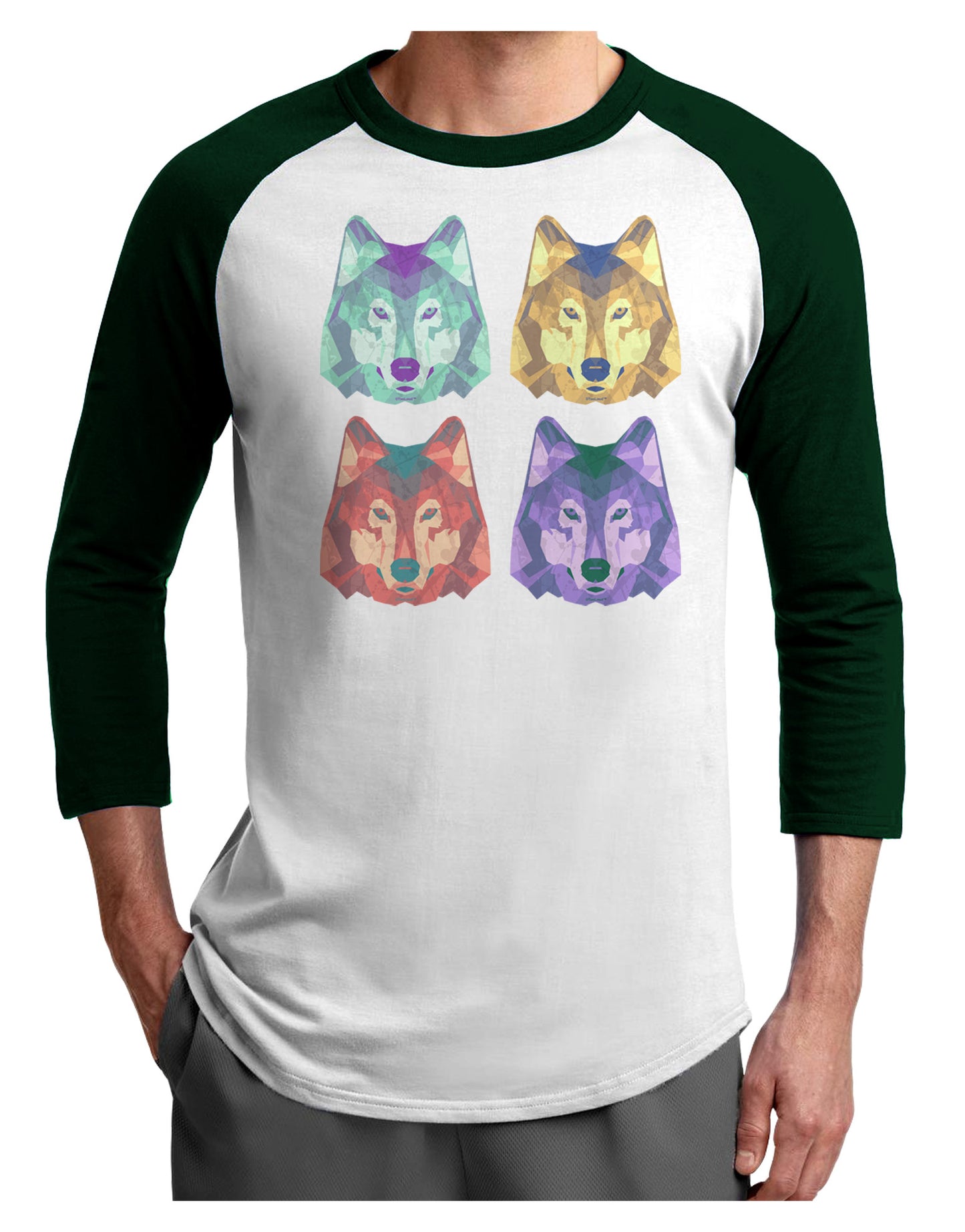 Geometric Wolf Head Pop Art Adult Raglan Shirt-TooLoud-White-Forest-X-Small-Davson Sales