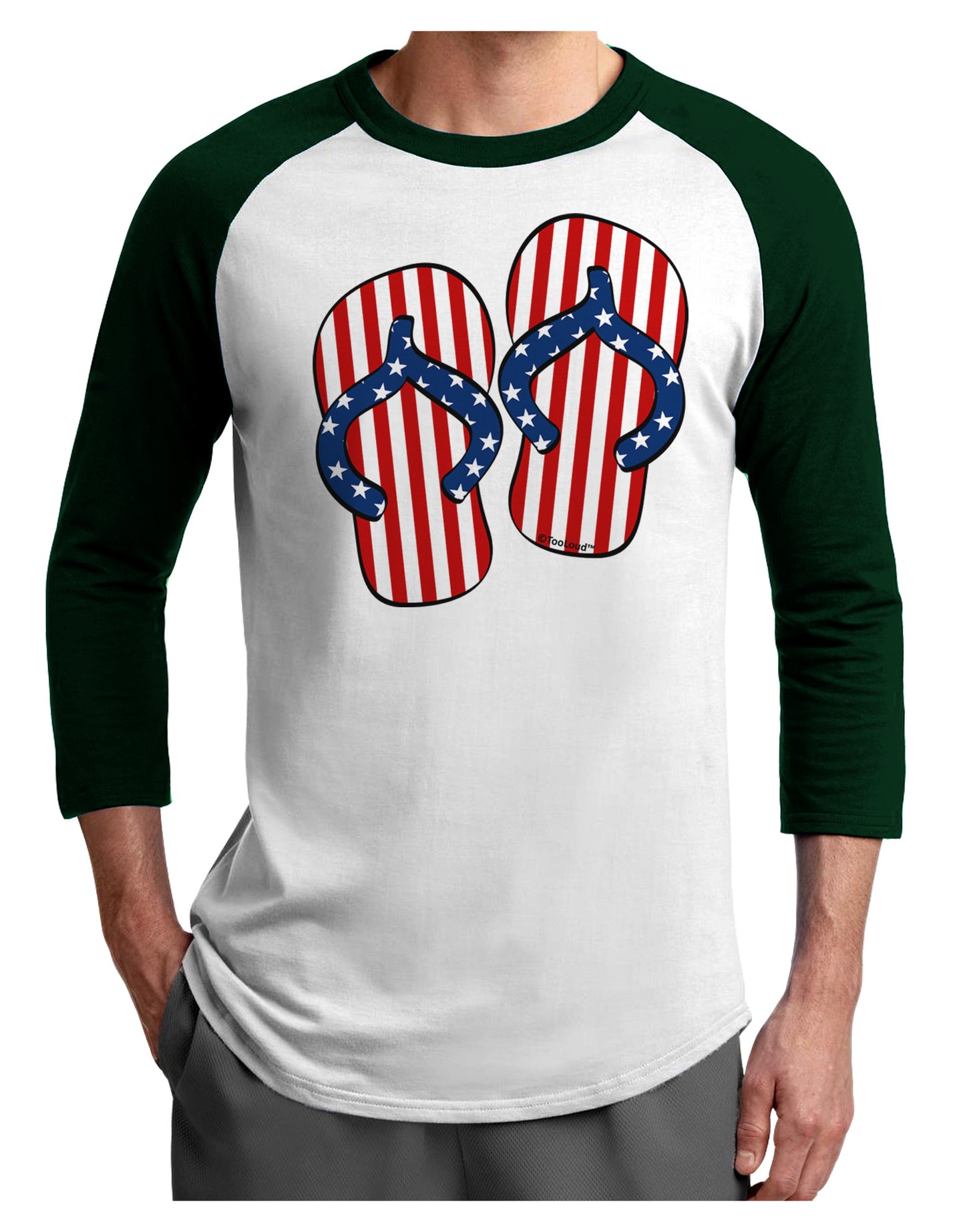 Stars and Stripes Flip Flops Adult Raglan Shirt-TooLoud-White-Forest-X-Small-Davson Sales
